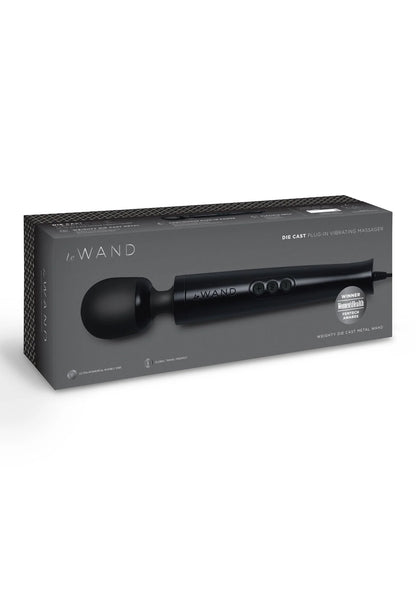 Verpakte vibrerende plug-in massager met zwarte ronde kop en donkergrauwe doos.