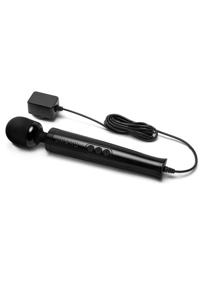 Zwarte plug-in vibrerende massager met ronde opzetkop en netsnoer