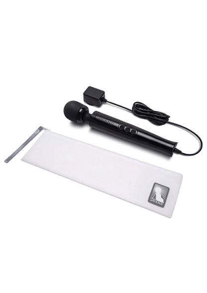 Zwarte plug-in vibrerende massager met opzetkop en opbergetui