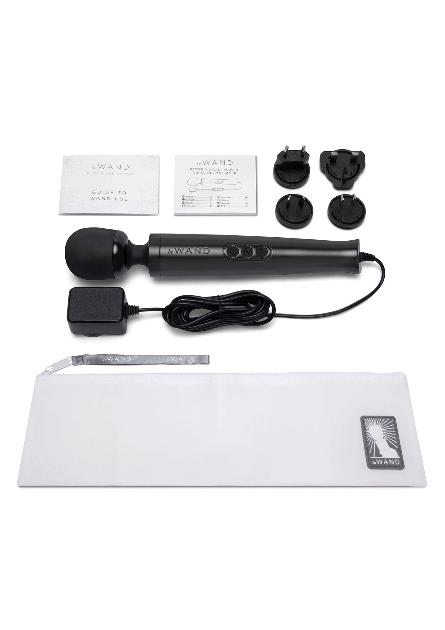 Zwarte vibrerende massager set met opbergetui, snoer, stekkers en handleidingen
