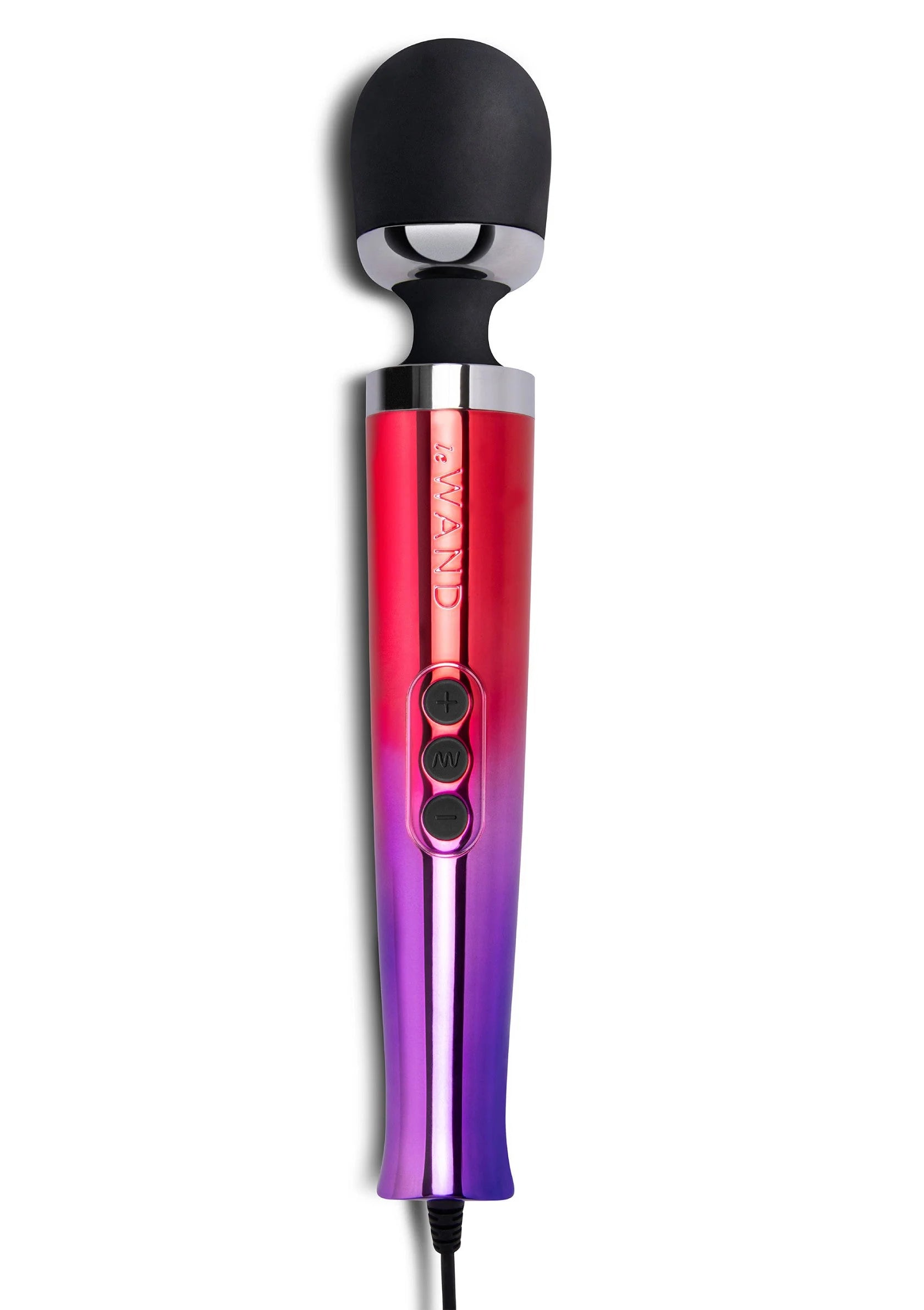 Rood-paarse vibrerende massager met zwarte opzetkop en bedieningsknoppen