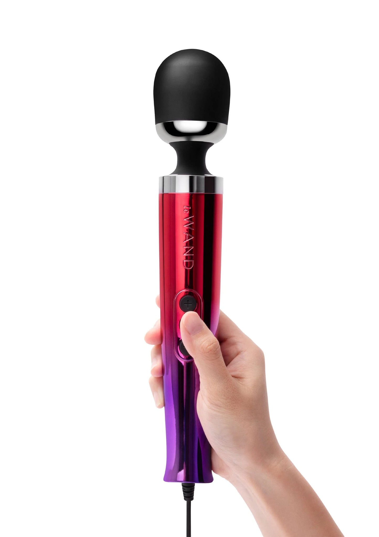 Handheld plug-in vibrerende massager met zwarte bolkop en rode metalen body