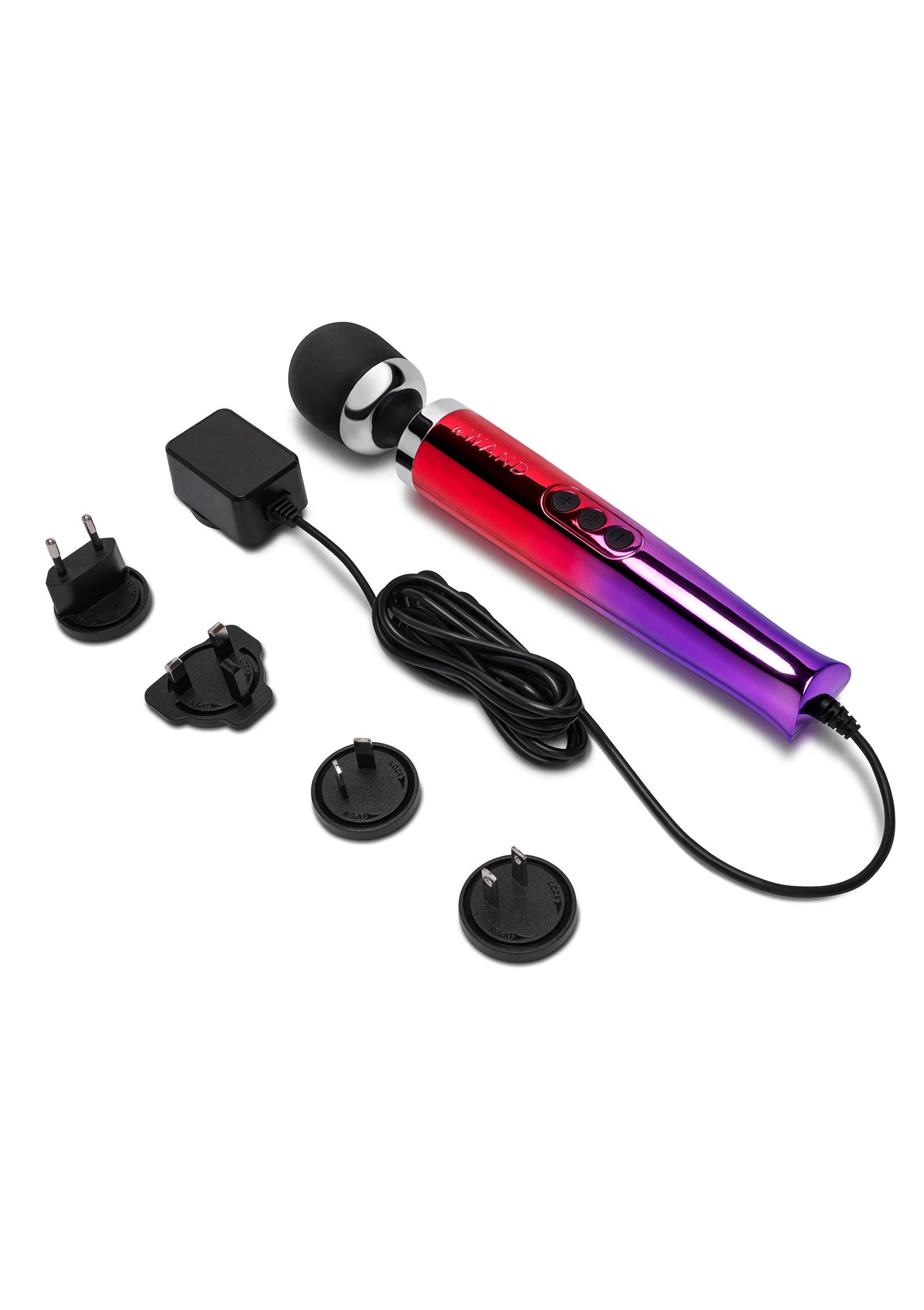 Veelkleurige vibrerende massager set met opzetkop, snoer en stekkeradapters