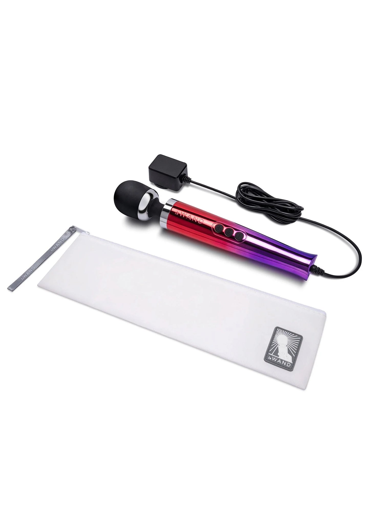 Rood-paarse plug-in vibrerende massager met opzetkop en opbergetui