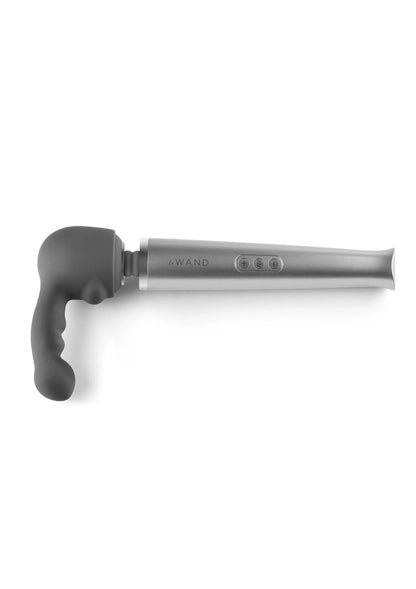 Donkergrijze massagekop aan zilverkleurige houder, zijdelings gefotografeerd