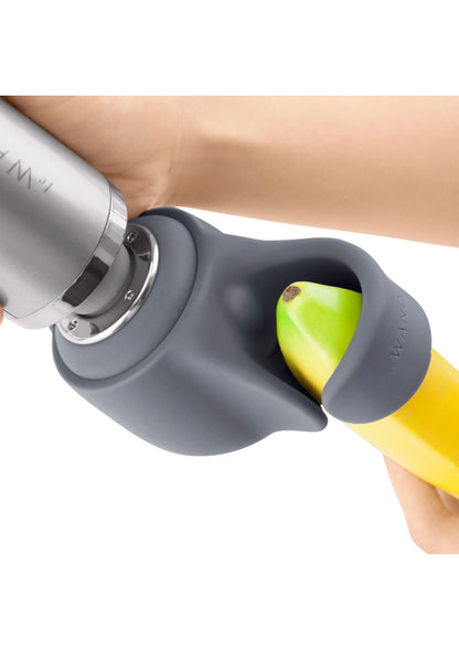 Grijze siliconen penis-play bevestiging met gele uiteinde en zilveren koppeling