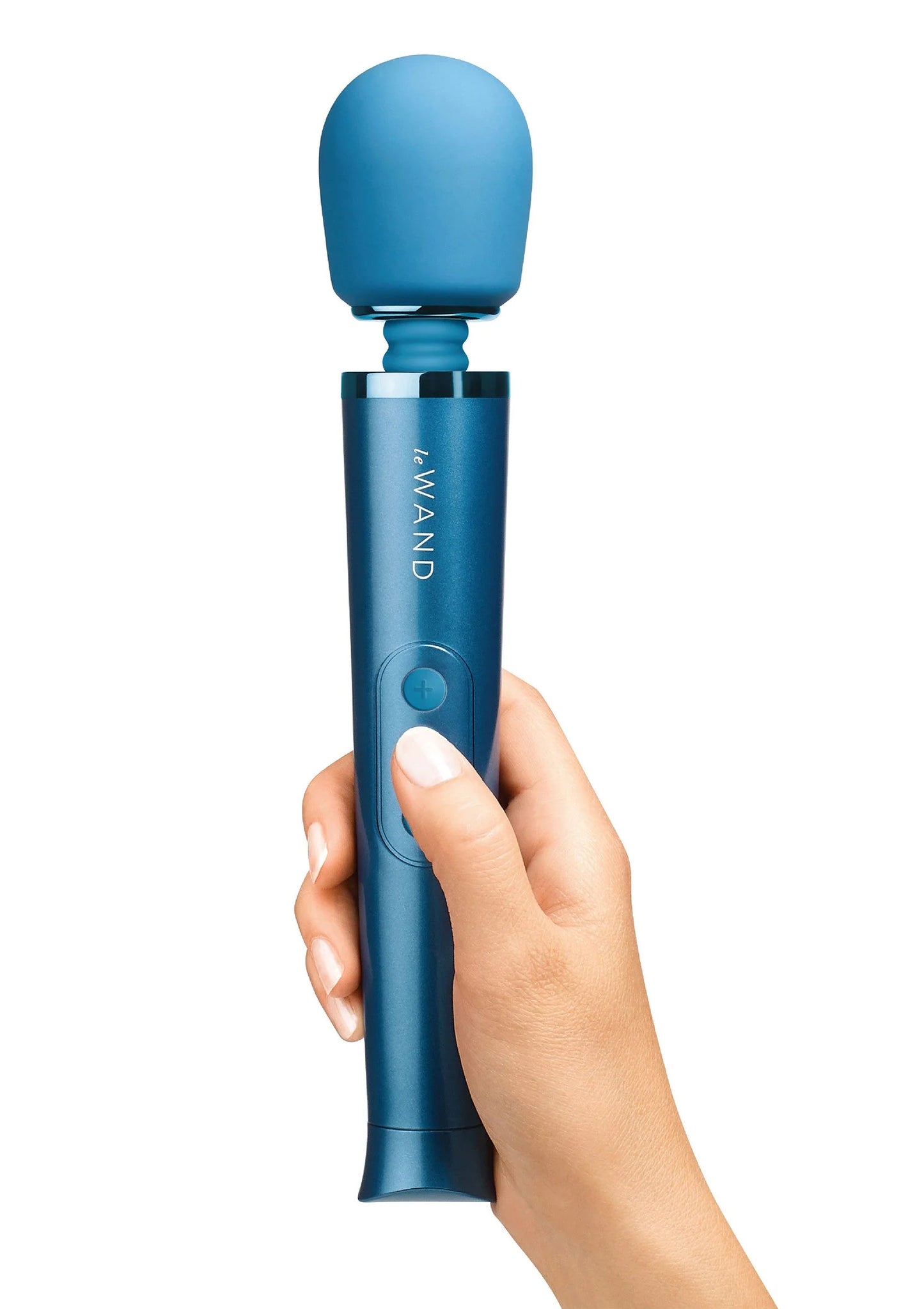 Oplaadbare wandvibrator in blauw met opzetkop en bedienknop op het handvat.