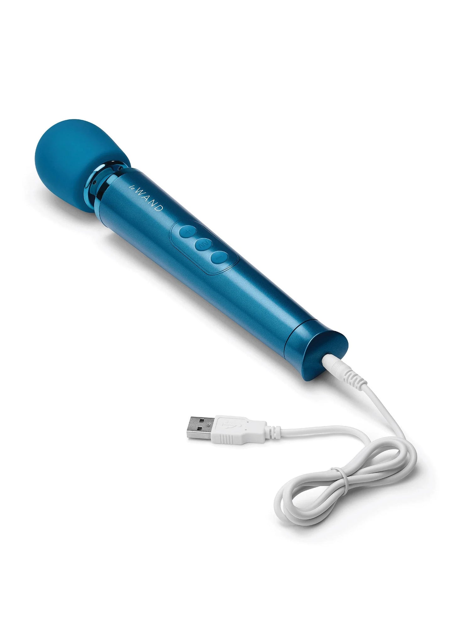 Blauwe oplaadbare wandvibrator van Le Wand met USB-laadkabel