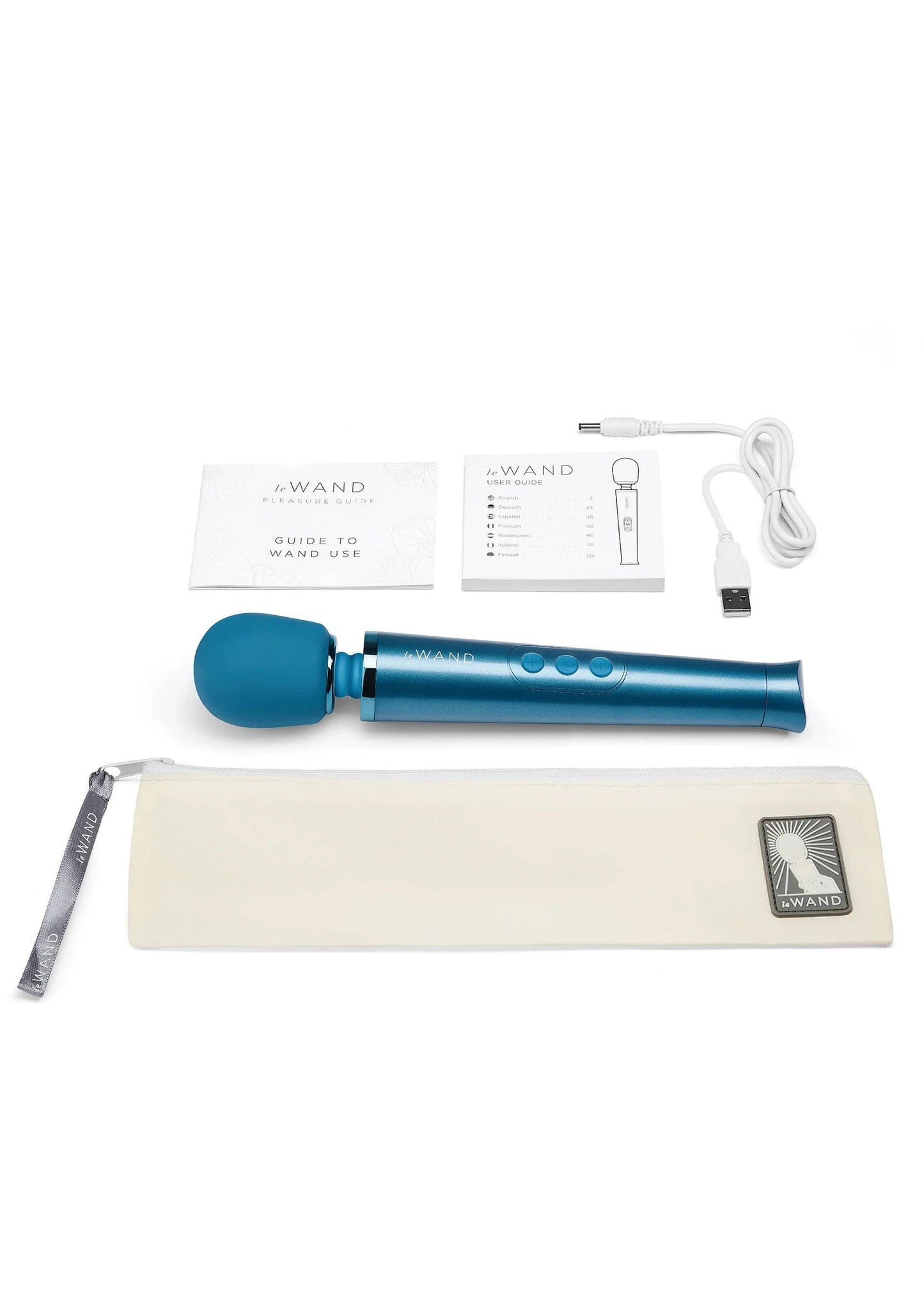 Blauwe wandvibrator van Le Wand met opbergetui, handleiding en USB-kabel