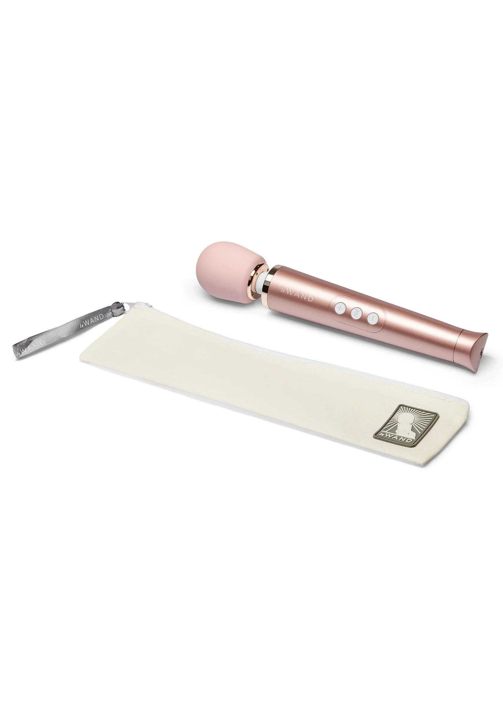 Roségouden oplaadbare wandvibrator van Le Wand met draaghoes