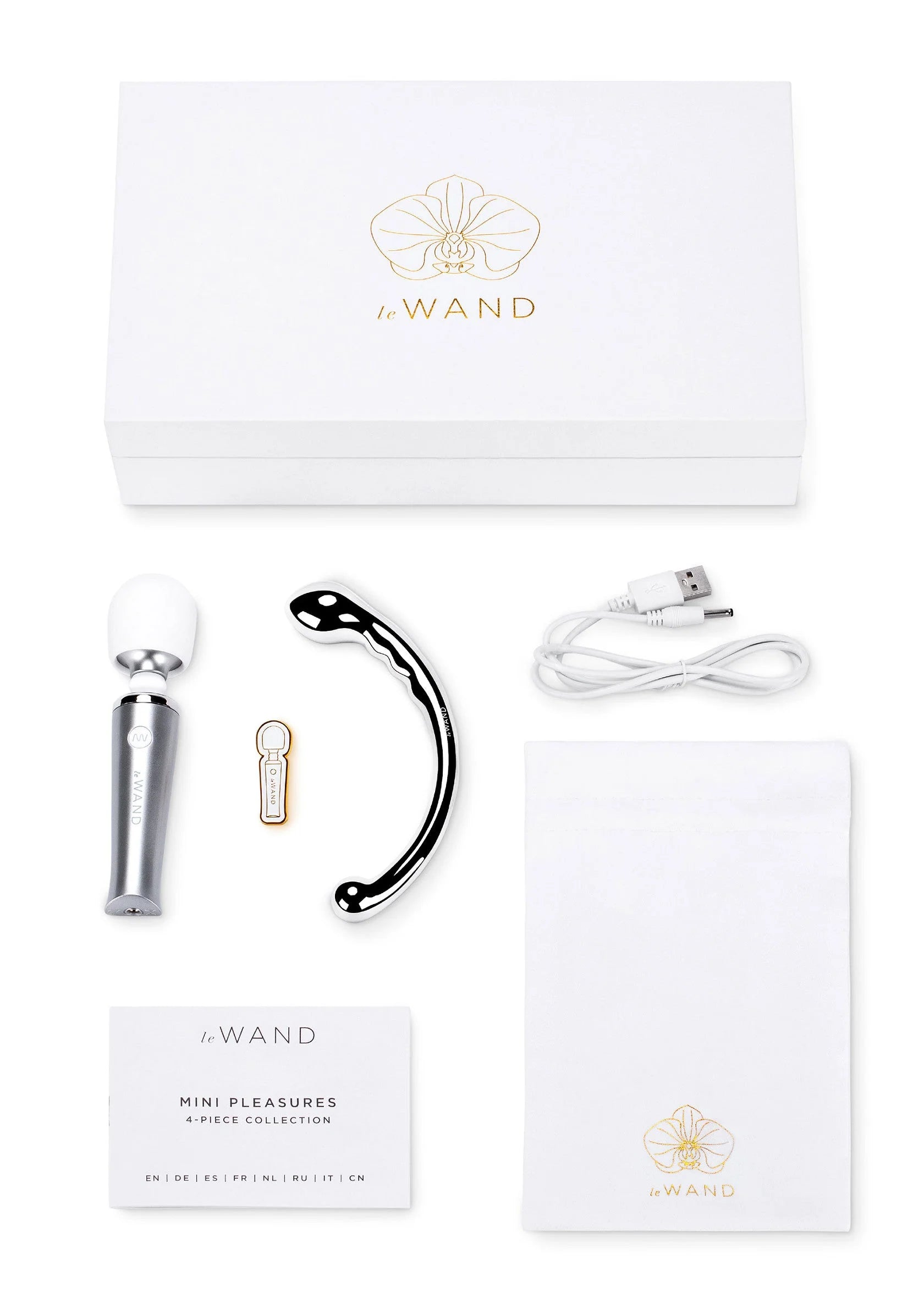 Mini pleasures set van LeWand met zilveren wand, zwarte boog, kabel en opbergtasje
