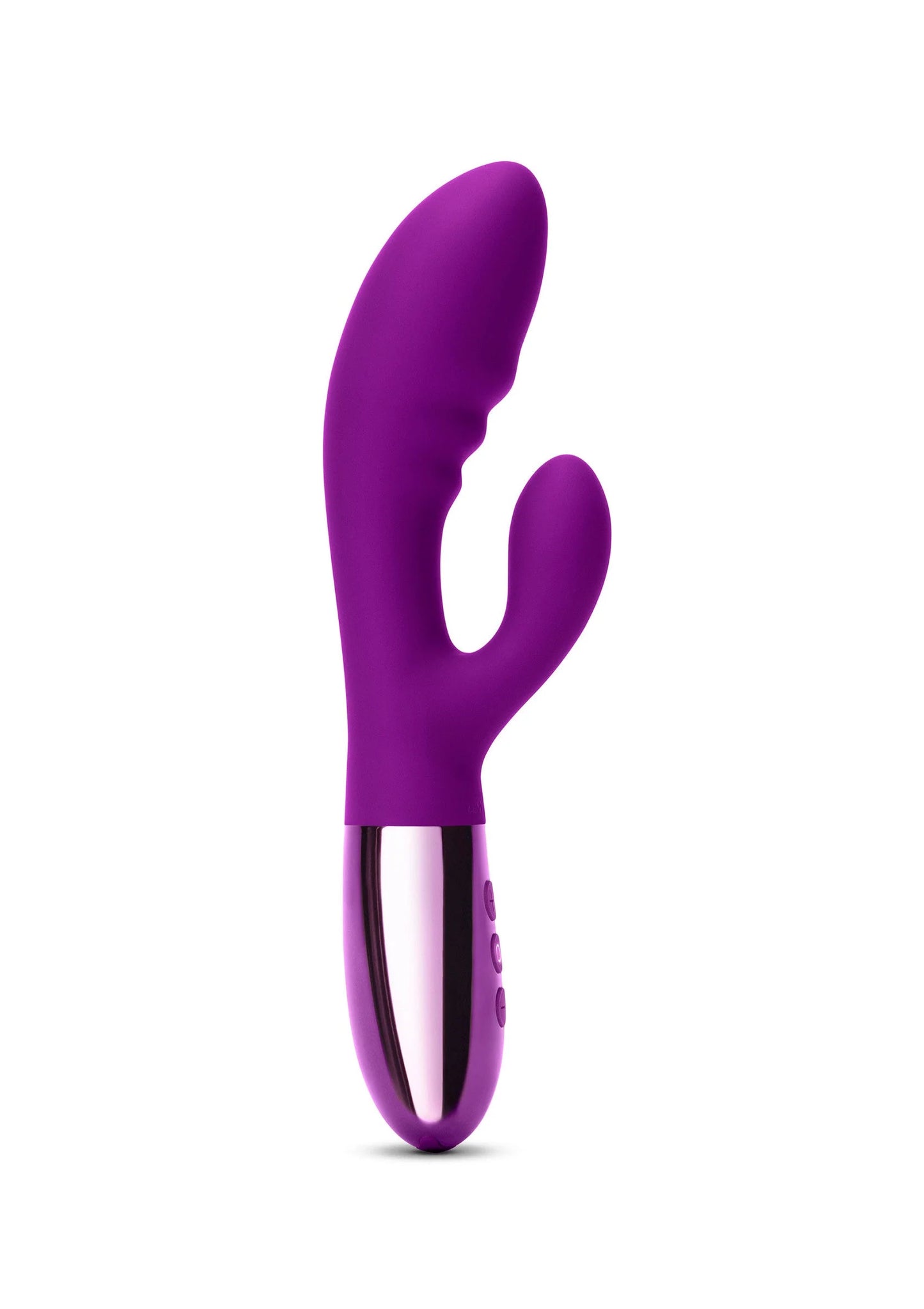 Paarse Le Wand Blend duo-vibrator met open vorm en zilverkleurige metalen basis