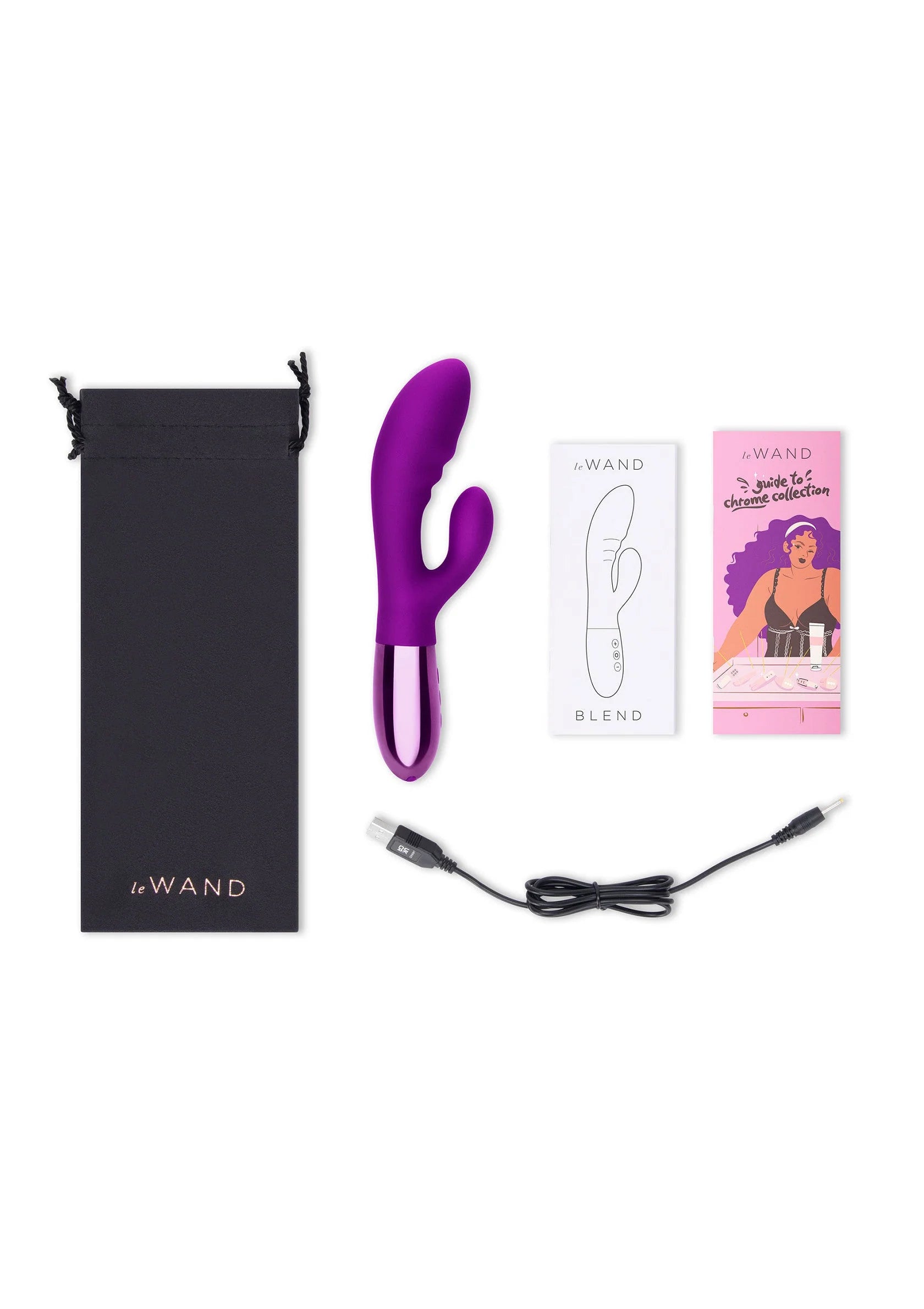 Le Wand Blend duo-vibrator in paarse kleur met opbergtas, kabel en doosjes