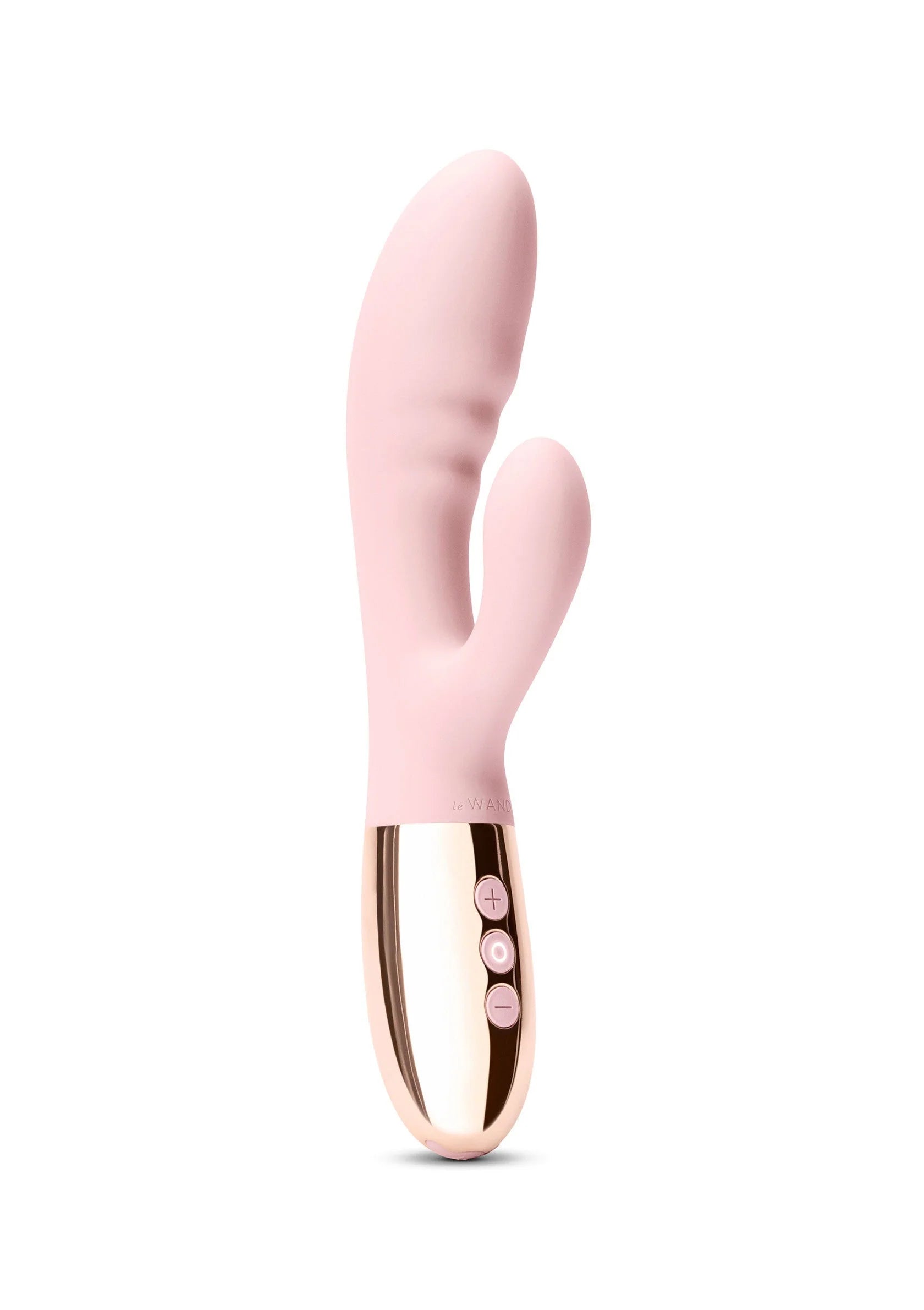 Roze siliconen vibrerende wand met rose-gouden onderkant en luseleind.