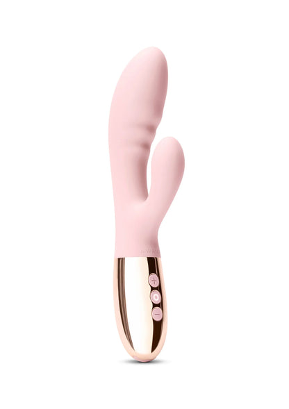 Roze siliconen vibrerende wand met rose-gouden onderkant en luseleind.