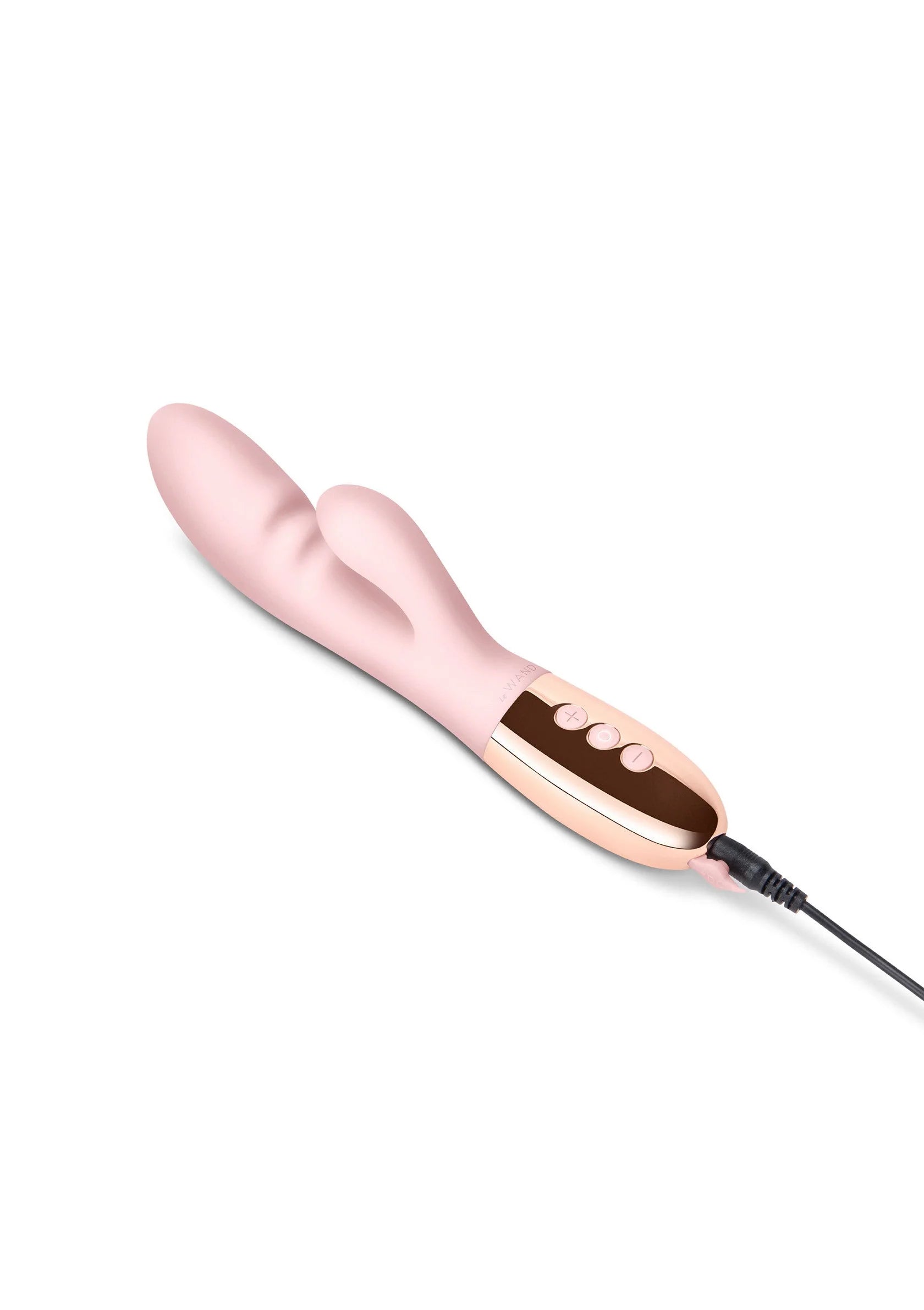 Roze-gouden vibrator met ronde kop en handgreep, knoppen en zwarte kabel