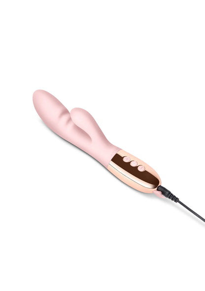 Roze-gouden vibrator met ronde kop en handgreep, knoppen en zwarte kabel