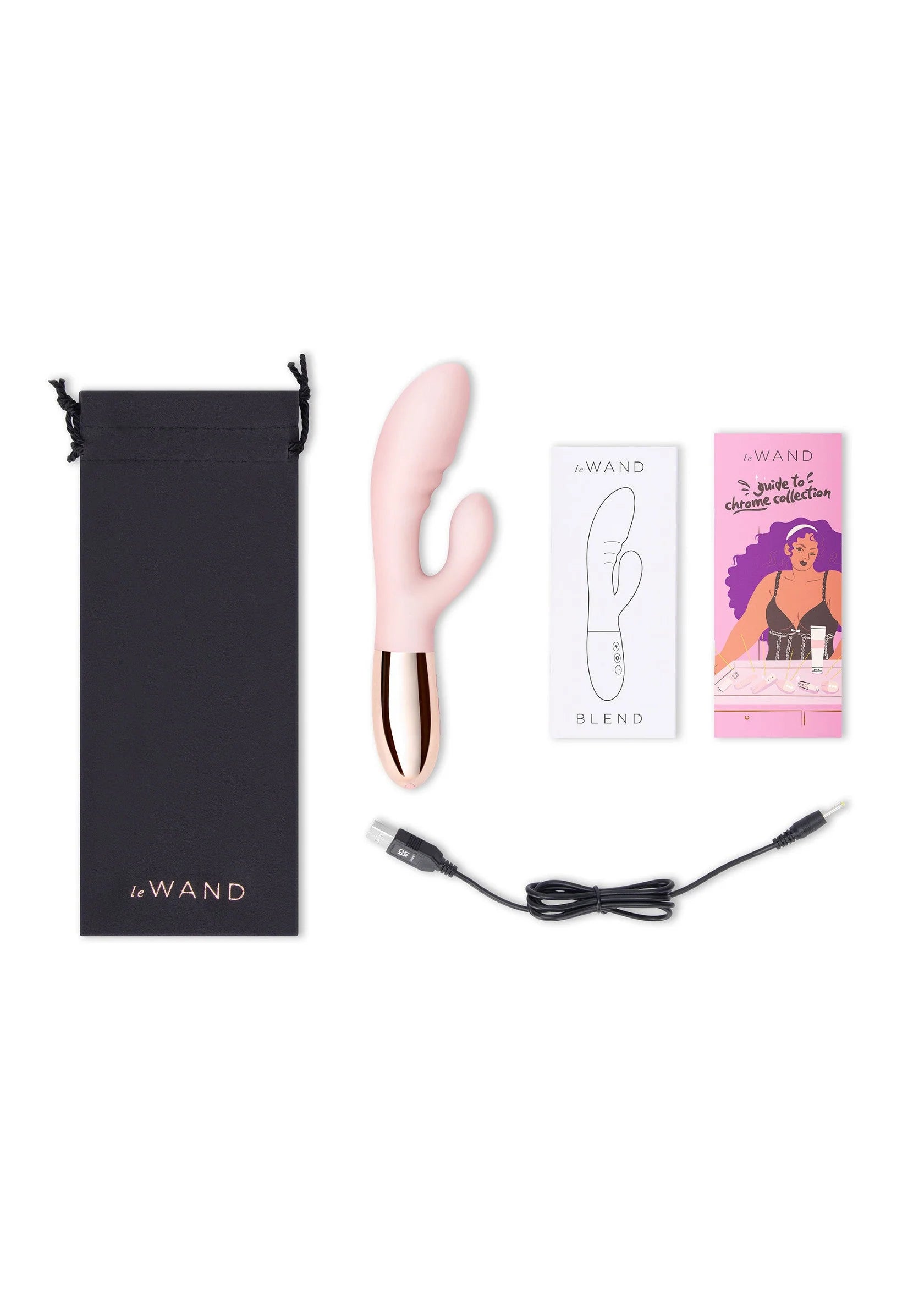 Roze Le Wand Chrome Blend vibrerende wand met opbergtasje, kabels en dooskaarten.
