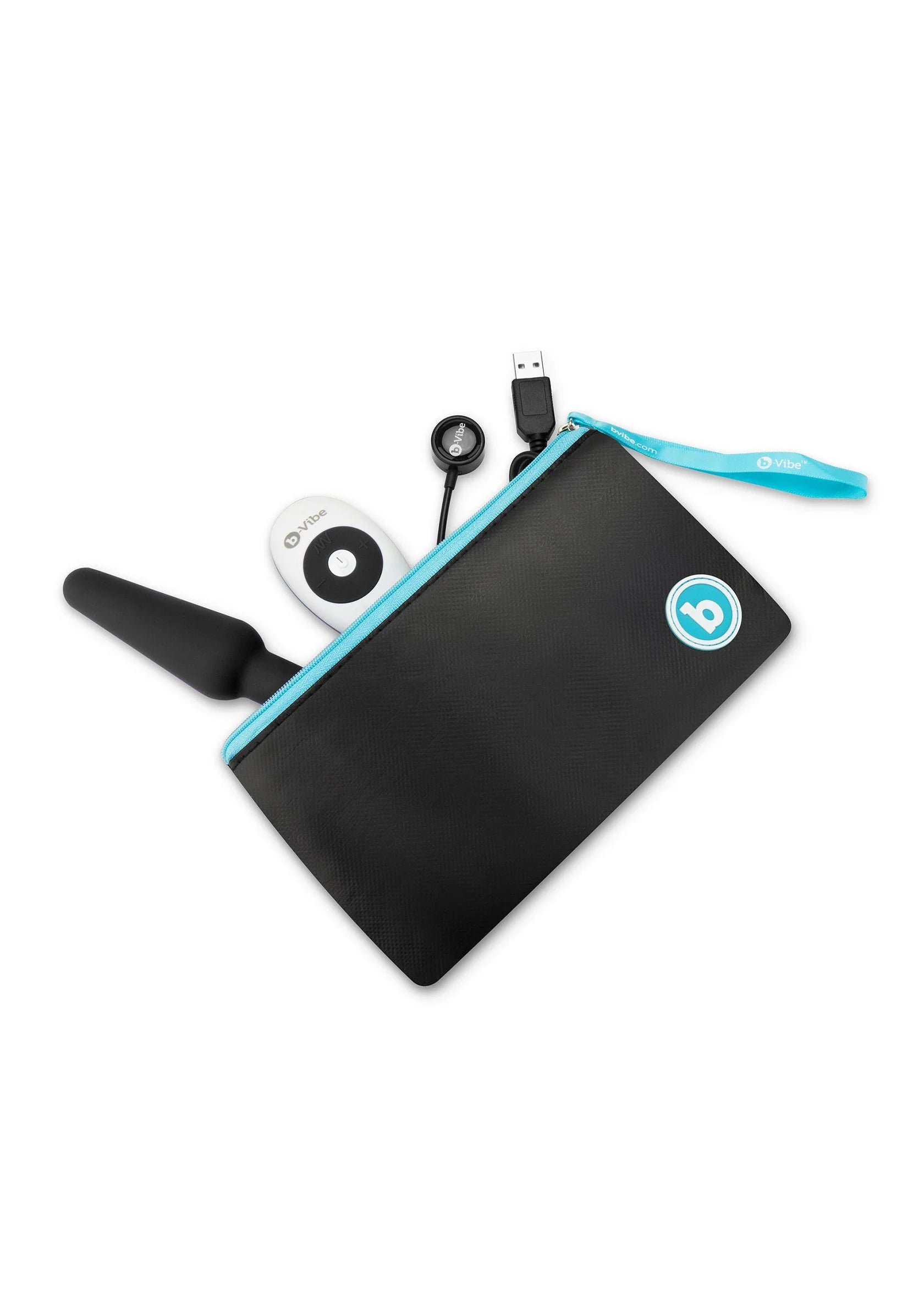 Zwarte draagetui-kit met anaale plug, controller en kabel