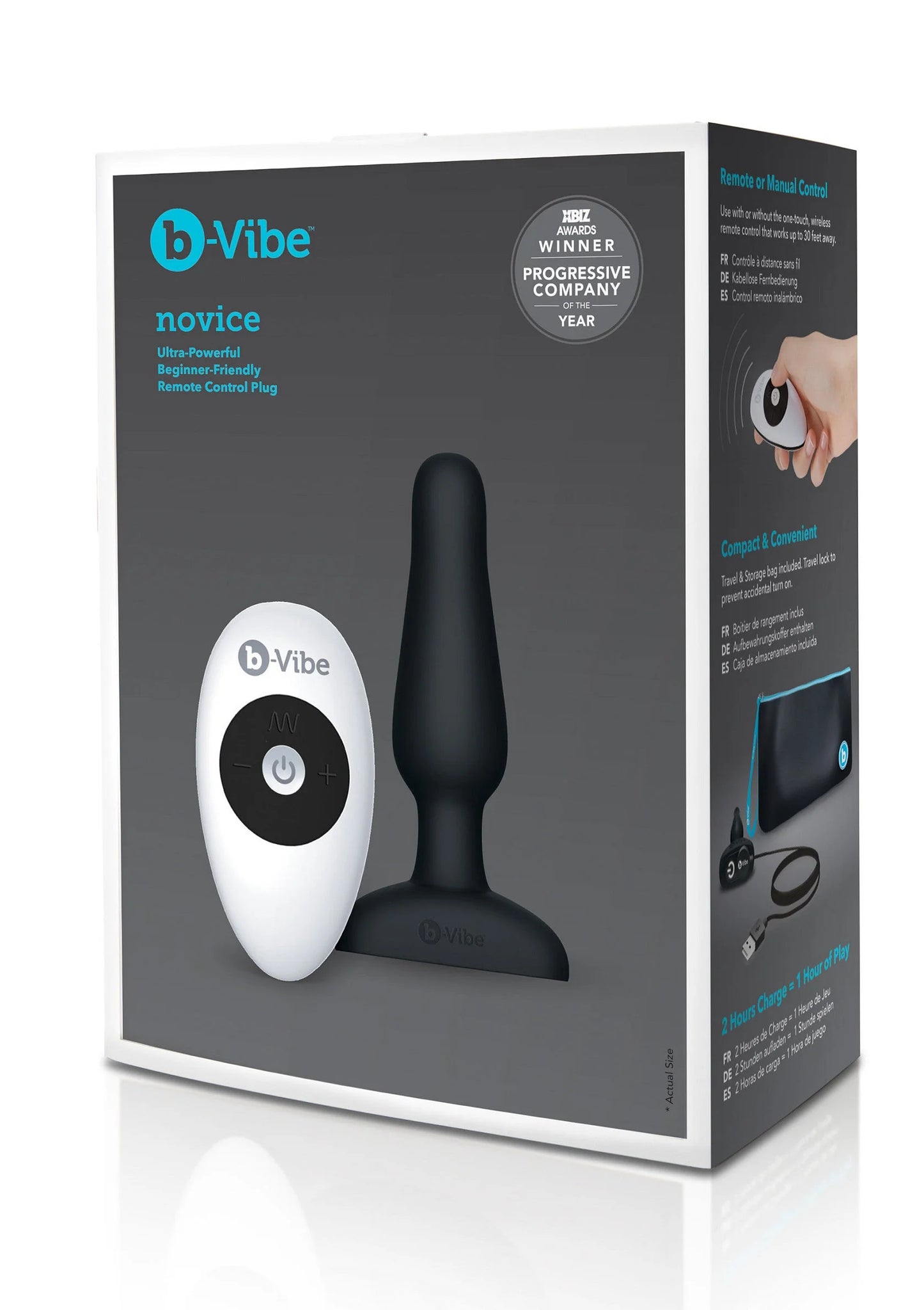 Verpakte zwarte anale plug “novice” met afstandsbediening en verpakking.