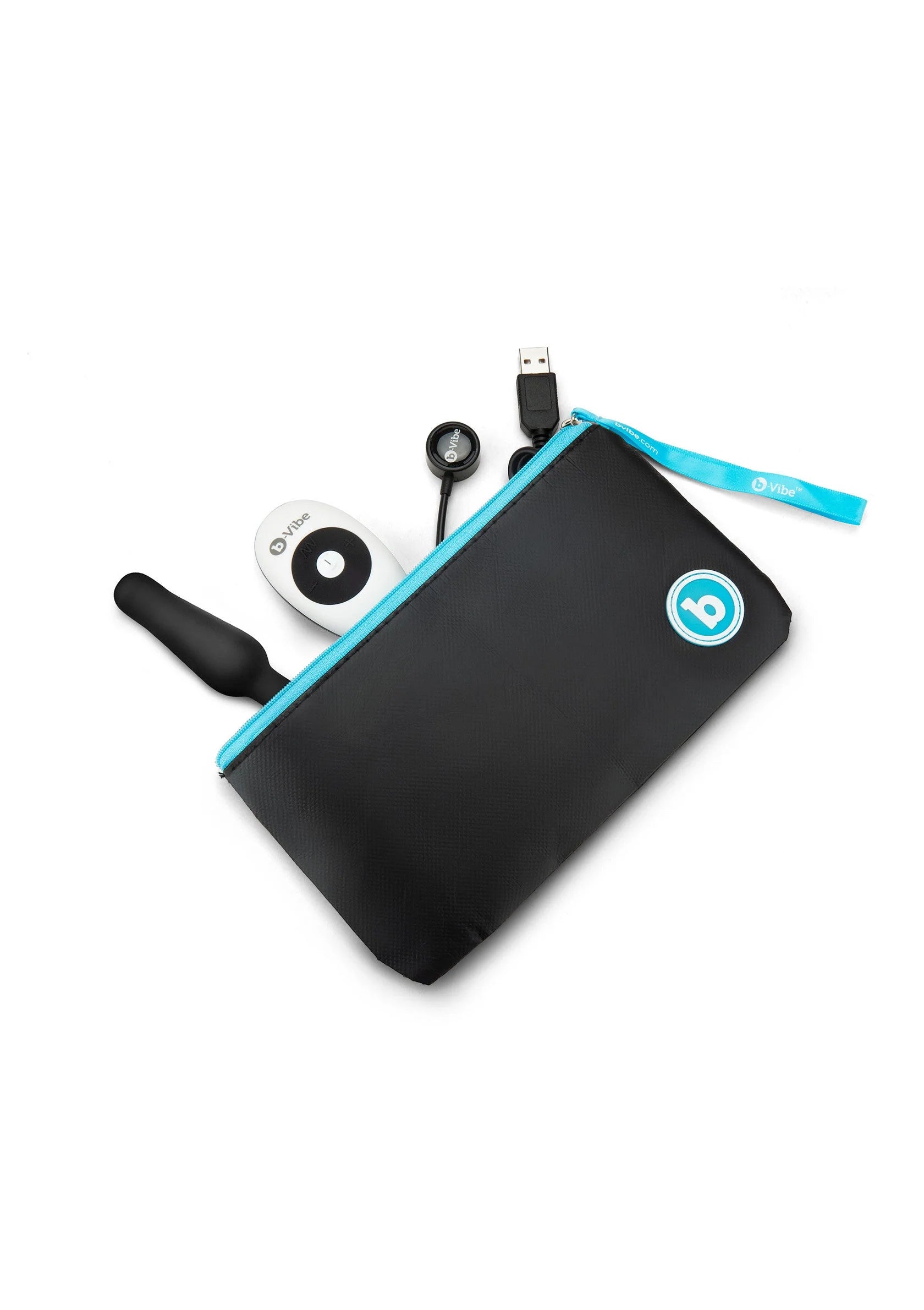 Zwarte anale plug-set met draagtas, kabel en kleine controller op kit.
