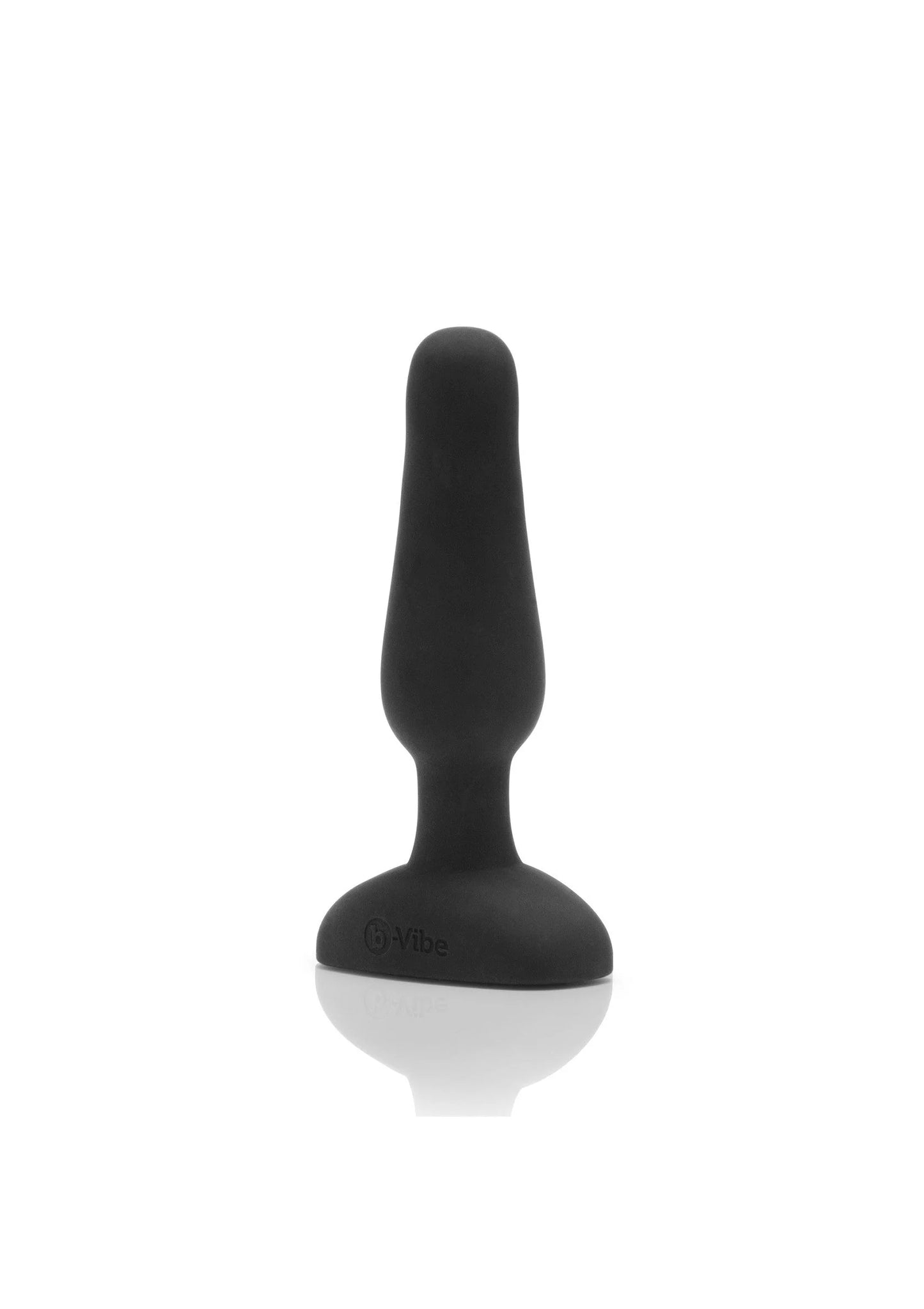 Zwarte anale plug met brede voet en taps toelopende vorm.