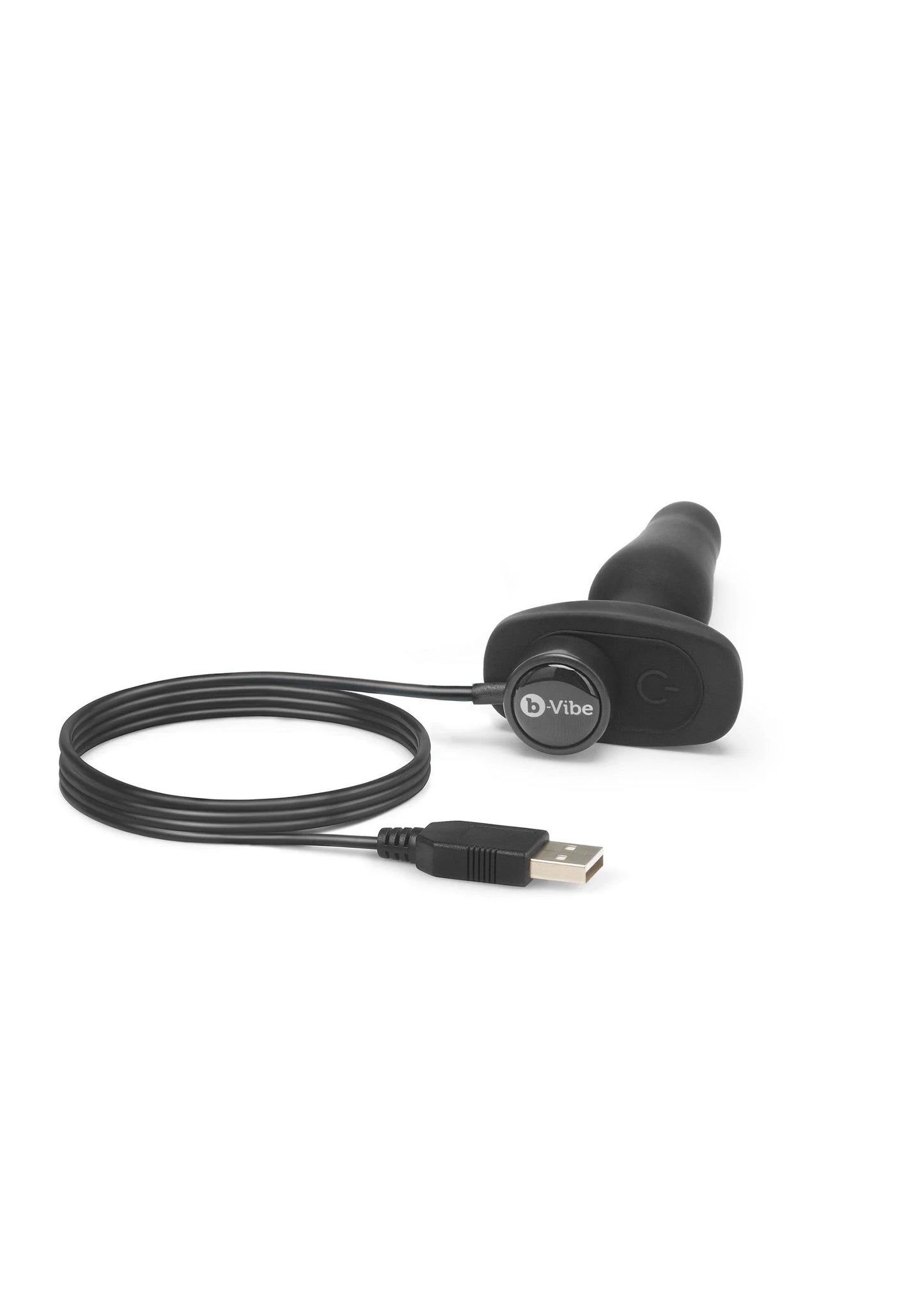 Zwarte anale plug met ronde controller en USB-kabel.