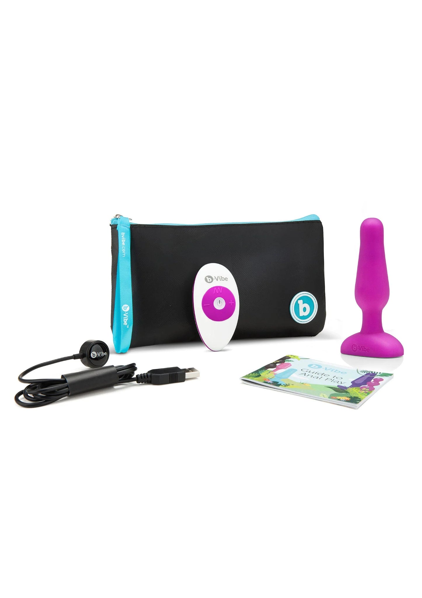 B-Vibe novice plug-set met opberzak, afstandsbediening, kabel en handleiding