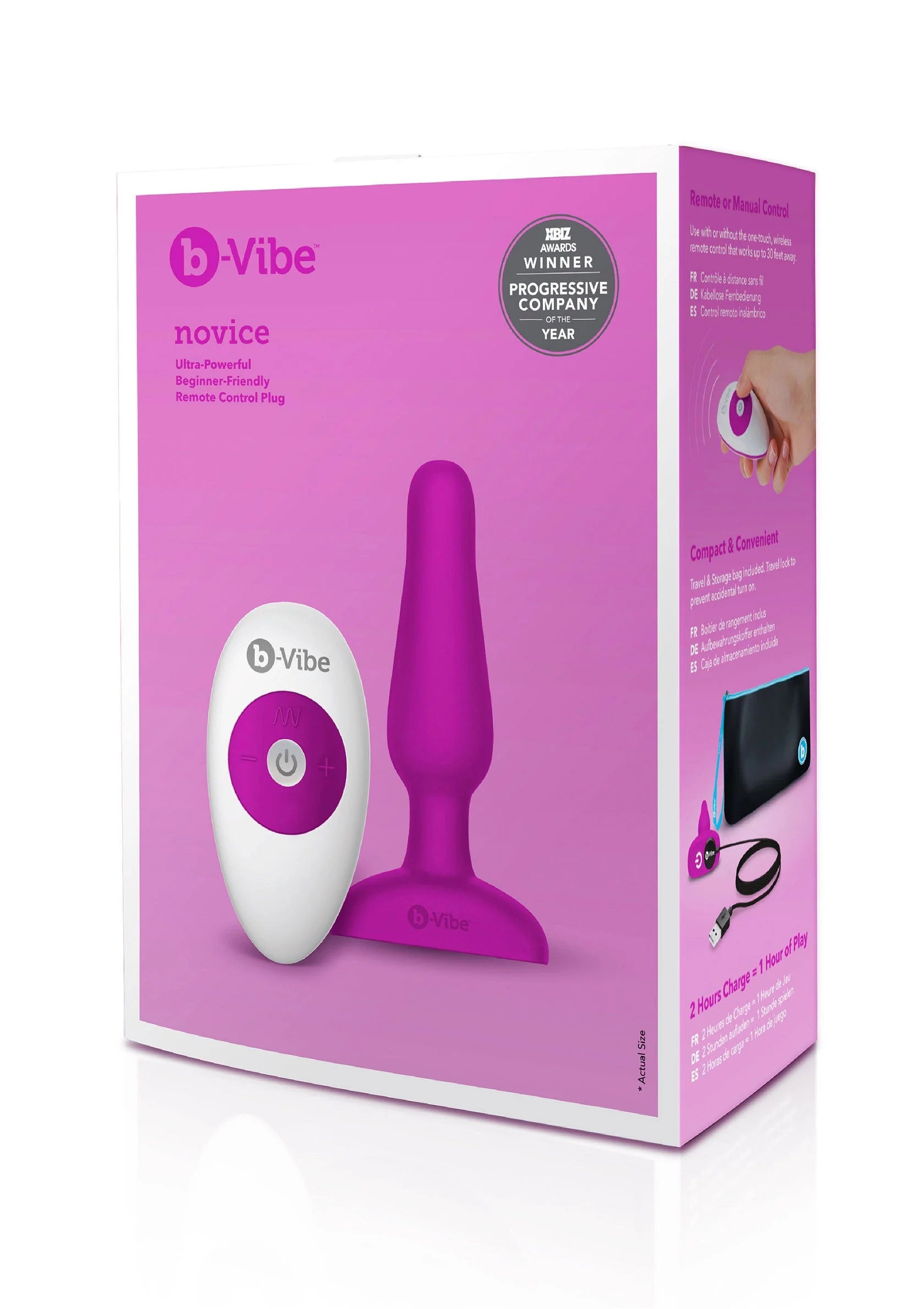Verpakte paarse en zwarte “novice” anale plug-set met controller.