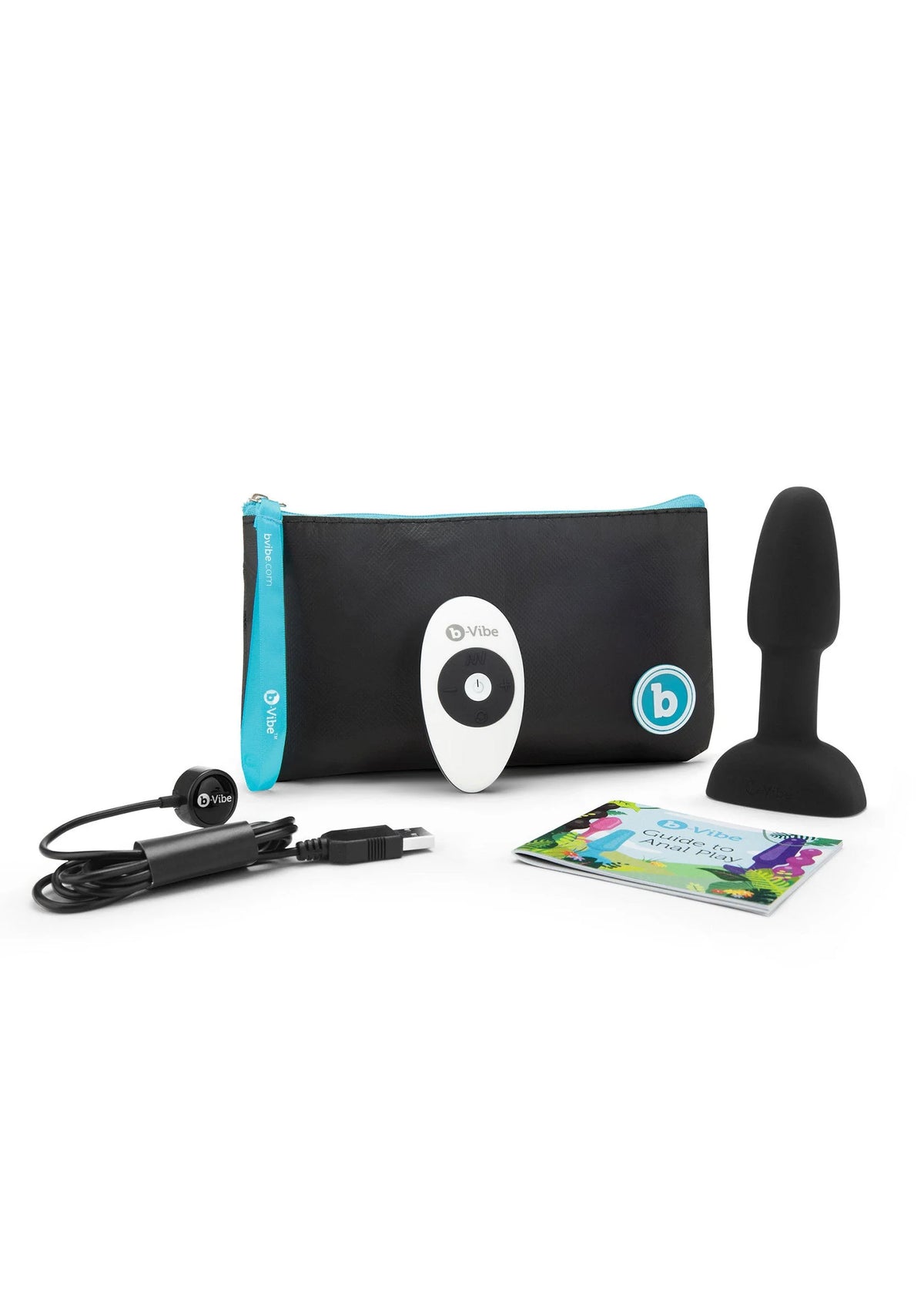 Set met zwarte anale plug, controller, kabel, kaart en opbergtas