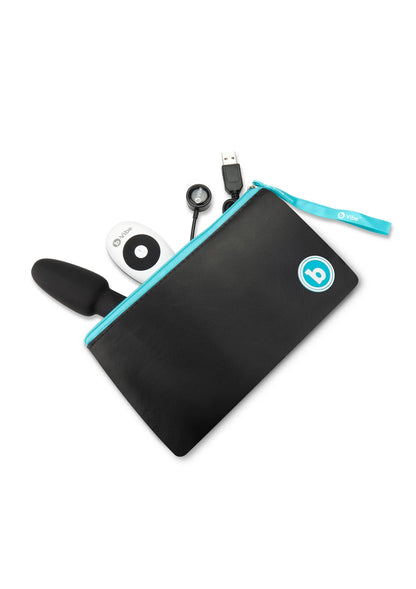 Zwarte rimming-vibrator-set met afstandsbediening, kabels en opbergtas