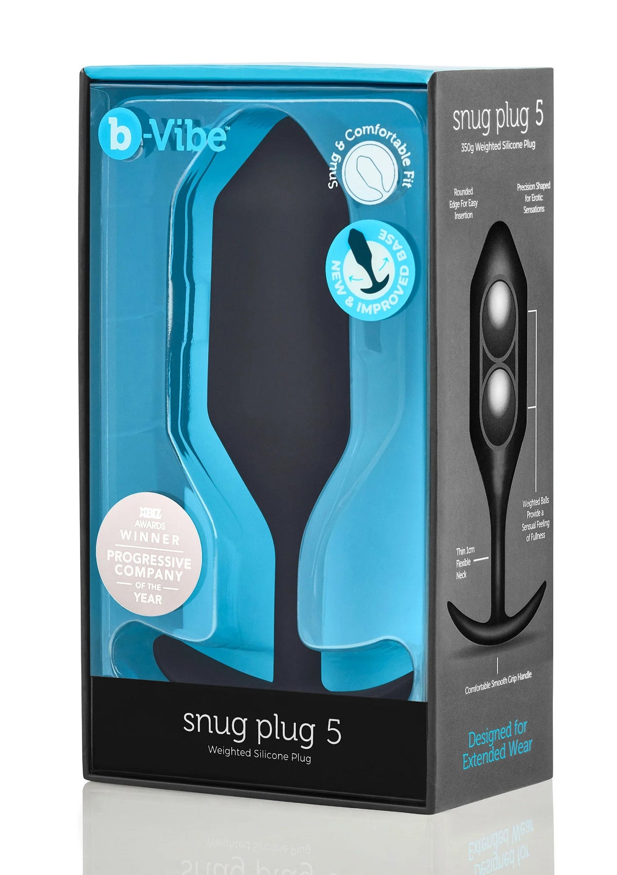Blauwe en grijze productverpakking met zwarte anale plug