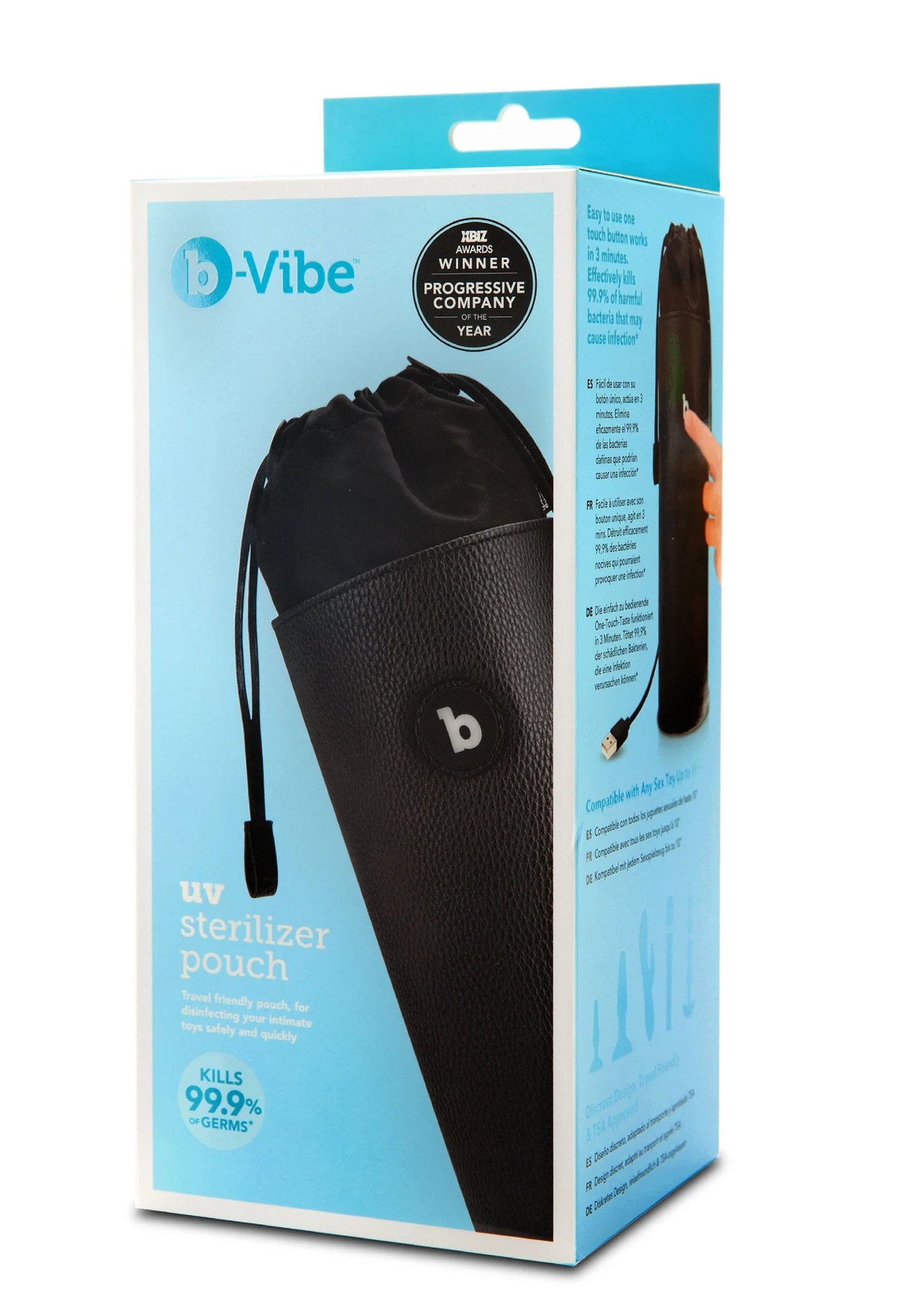 Verpakte b-Vibe UV-sterilisator pouch in doos