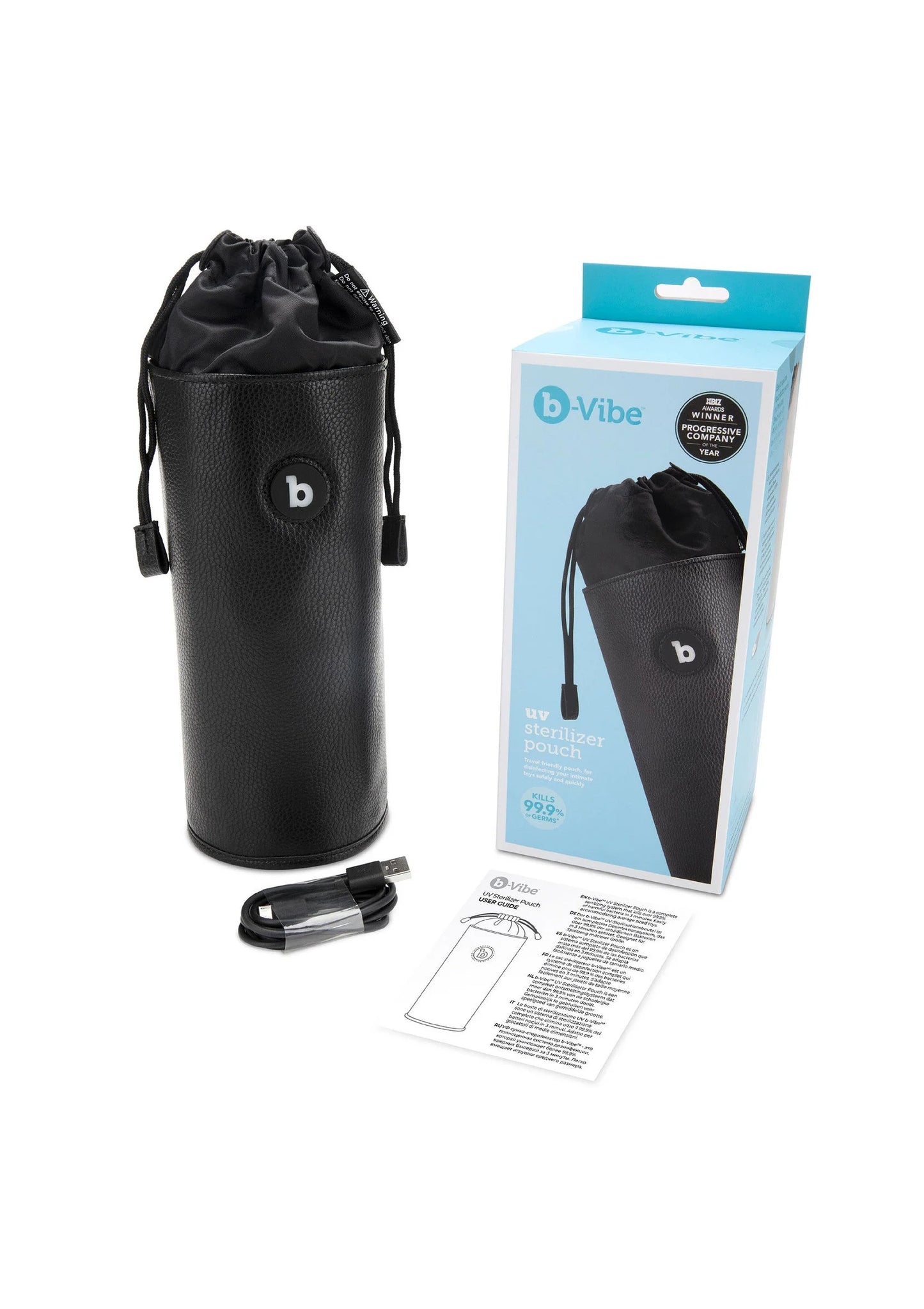 Zwarte UV-sterilisator pouch met accessoires, b-Vibe verpakking erbij