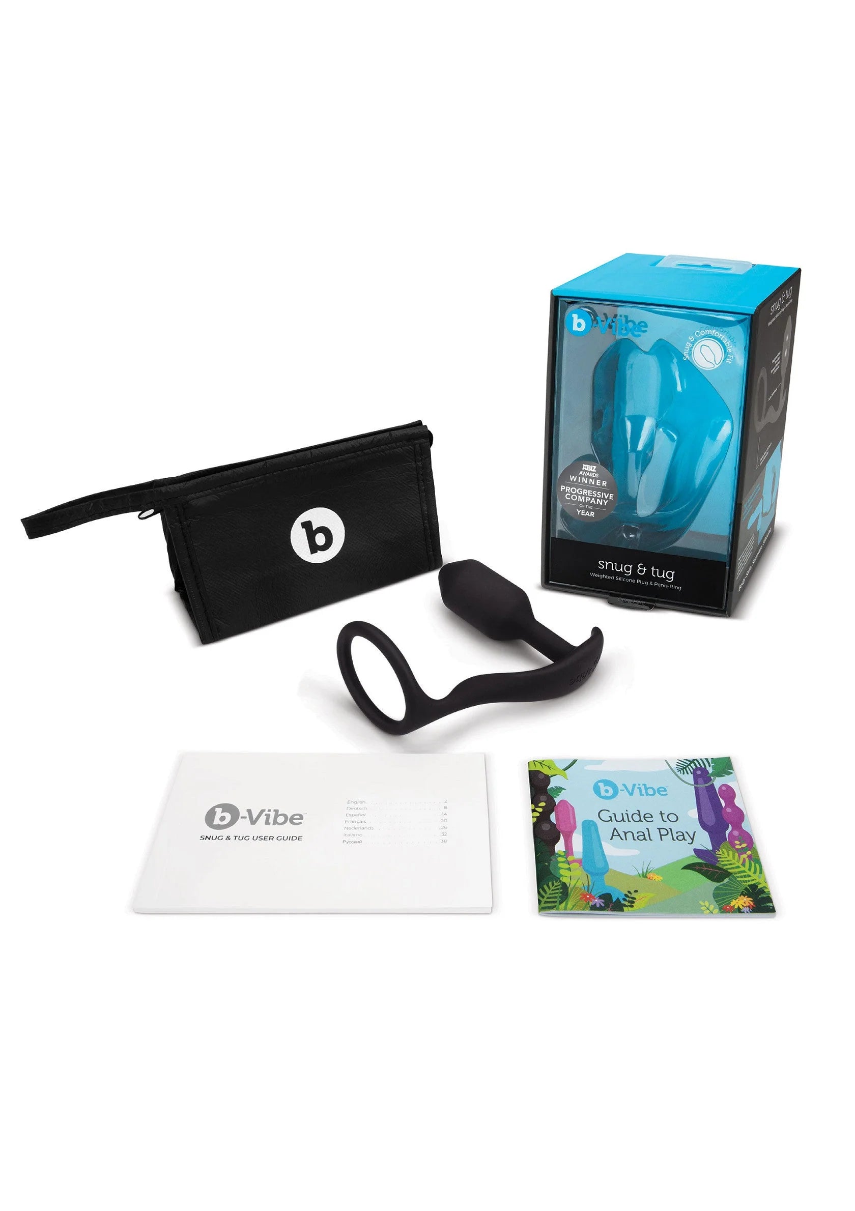 B-Vibe Snug & Tug set anale plug met opbergzak, plug en handleiding