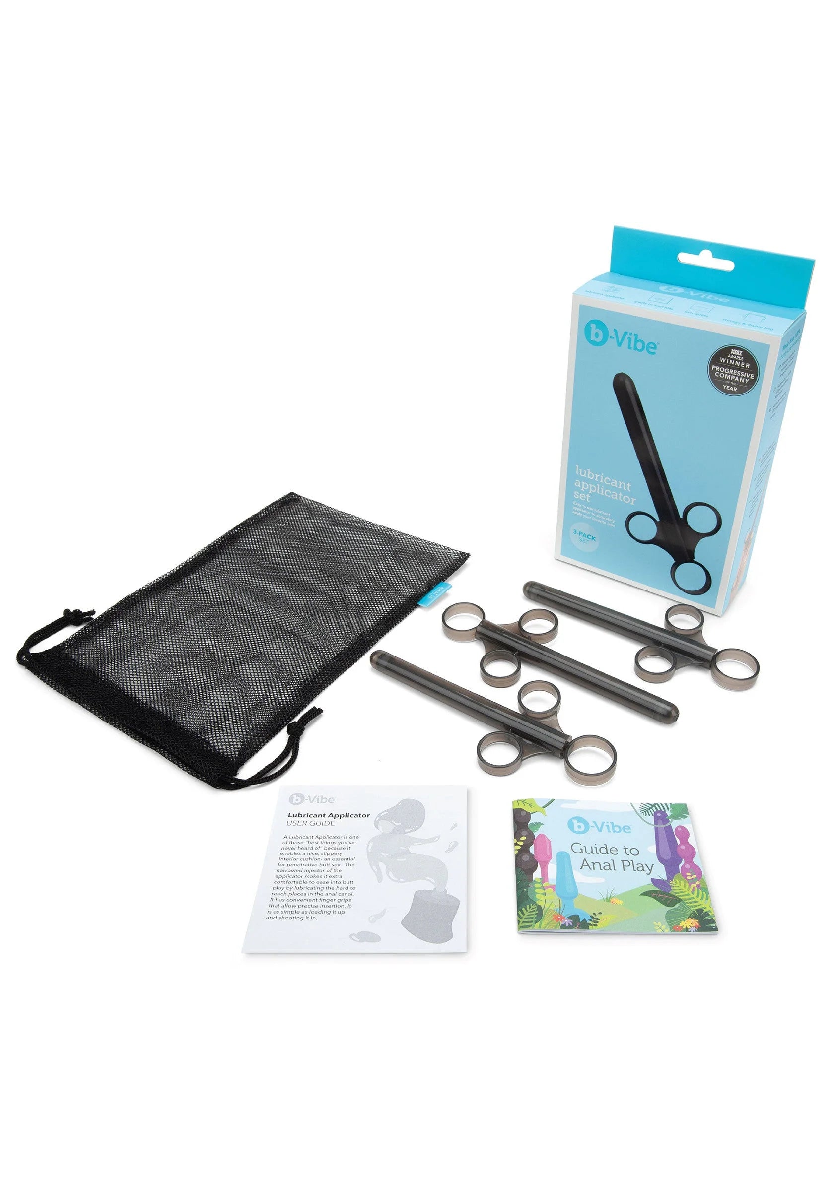 Set glijmiddel-applicators met opbergtasje, doos en instructiekaarten van B-Vibe