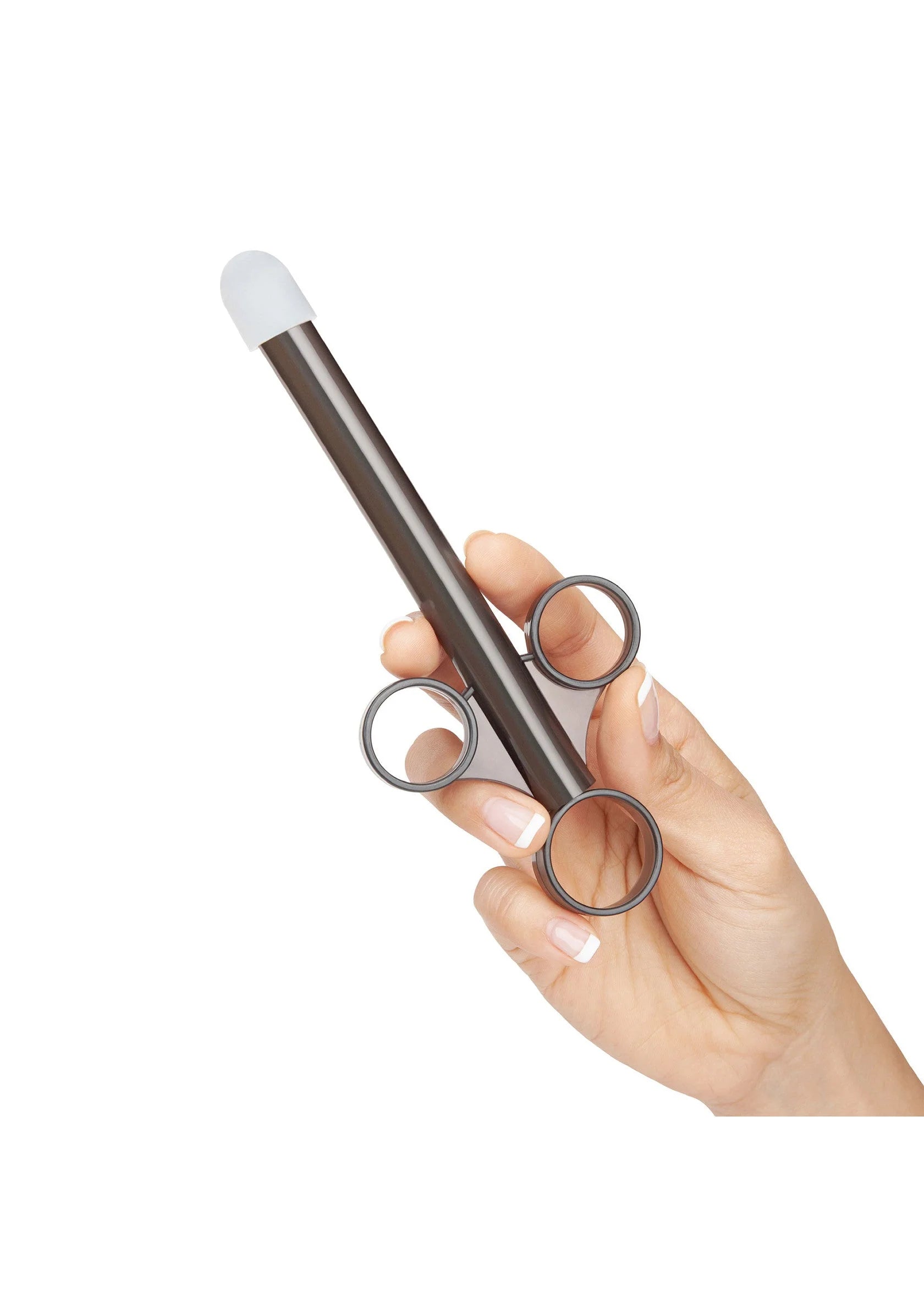 Glijmiddel-applicator met witte opzet en drie ringen, vastgehouden in hand
