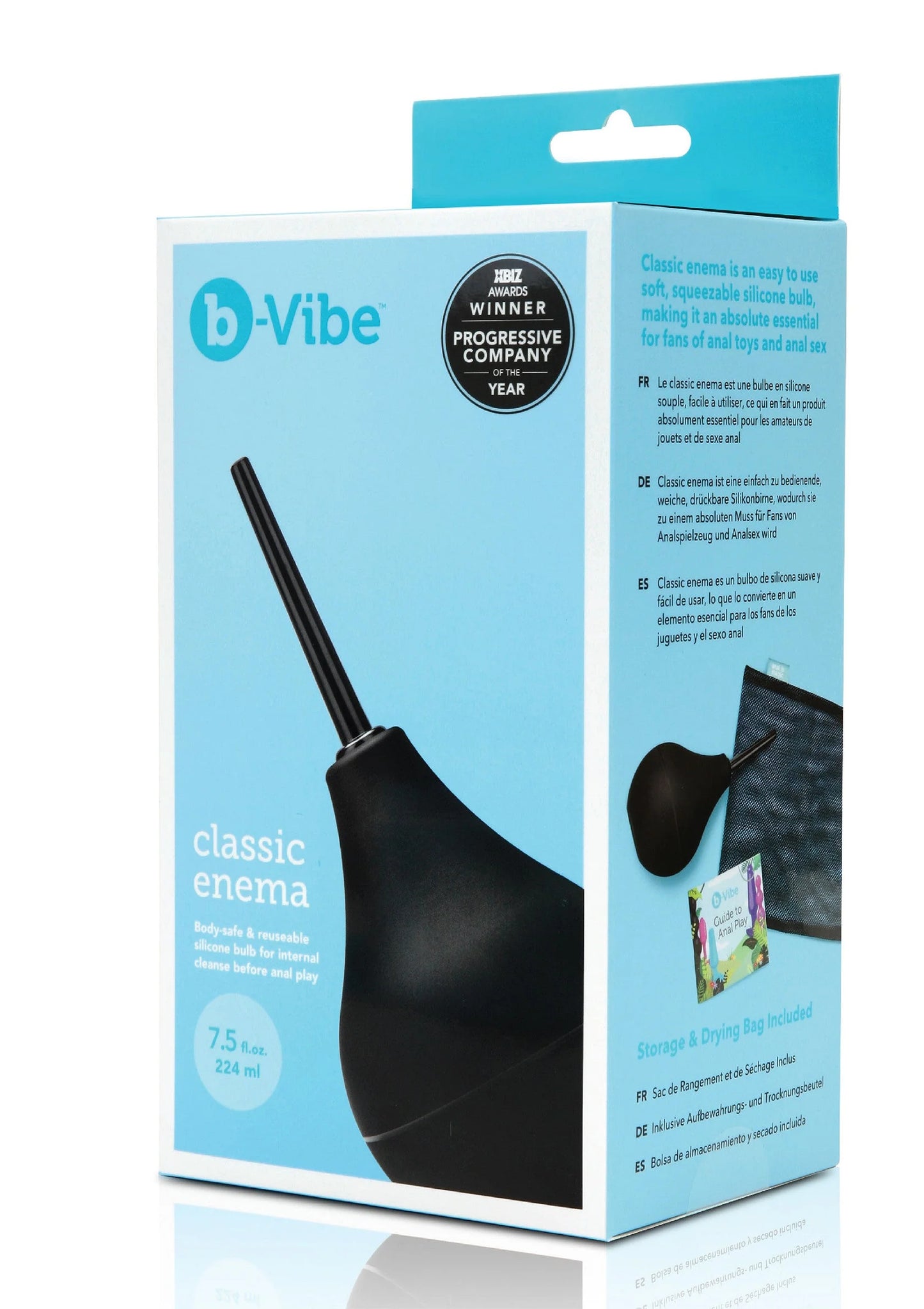B-Vibe verpakking van classic enema met afbeelding van zwarte anaaldouche.