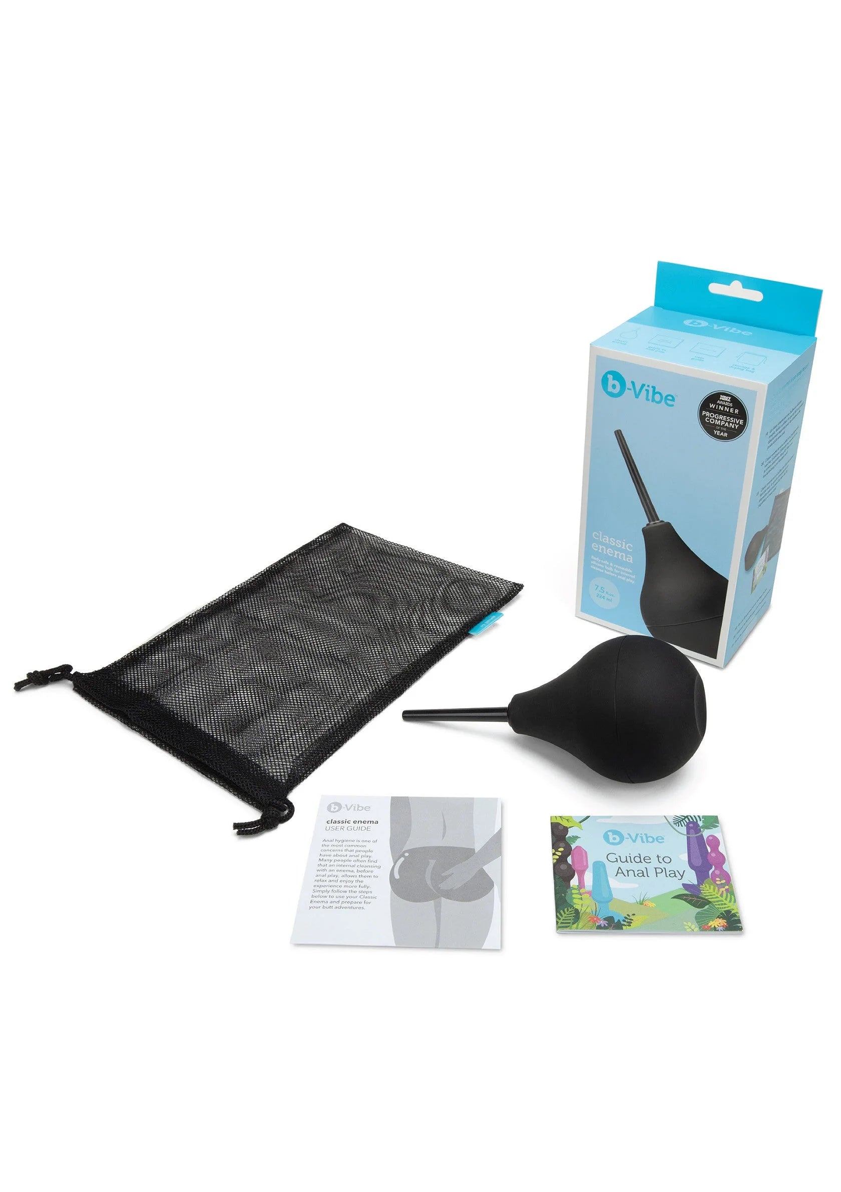 B-Vibe anaaldouche set met zwarte doucheballon, doos, tas en handleiding