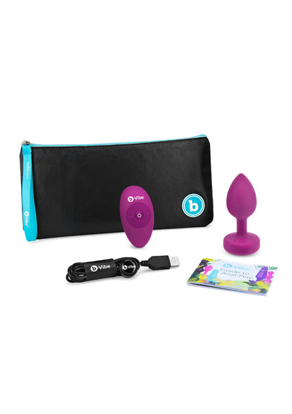B-Vibe vibrerende jewel plug S/M paars met tasje, kabel en accessoires