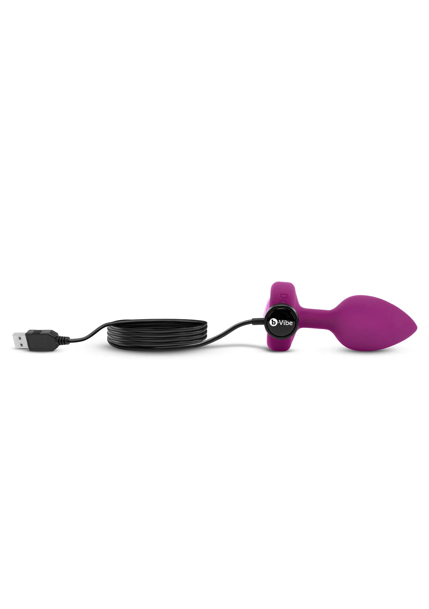 Paarse vibrerende plug met kabel en USB-connector, compacte dopvormige kop