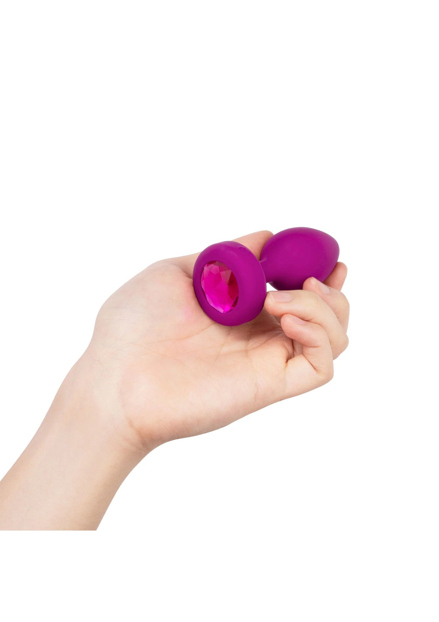 B-Vibe vibrerende jewel plug S/M paars met kristal, close-up in hand