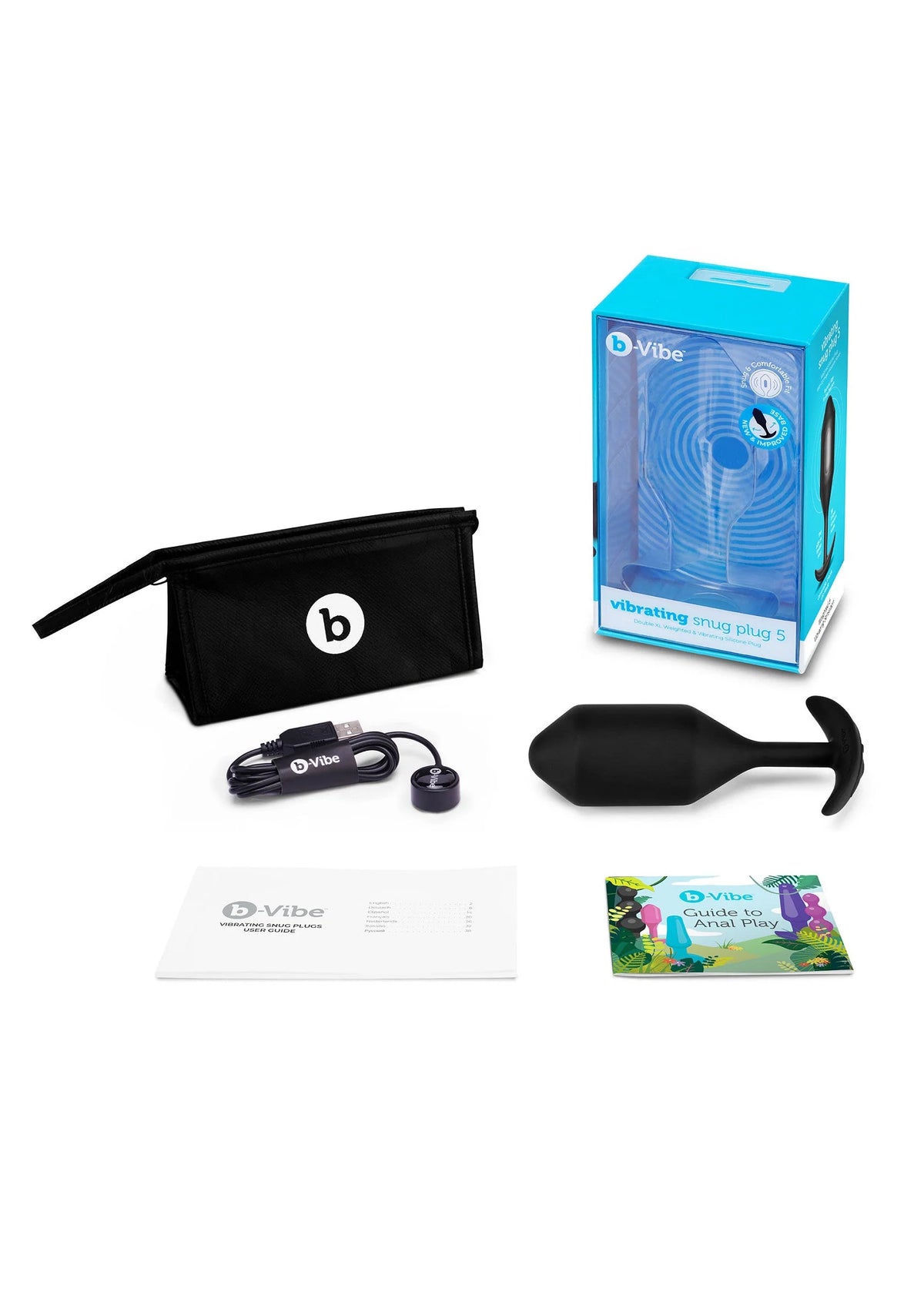 Set: vibrerende anale plug XXL B-Vibe met opbergzak, afstandsbediening en kabel.