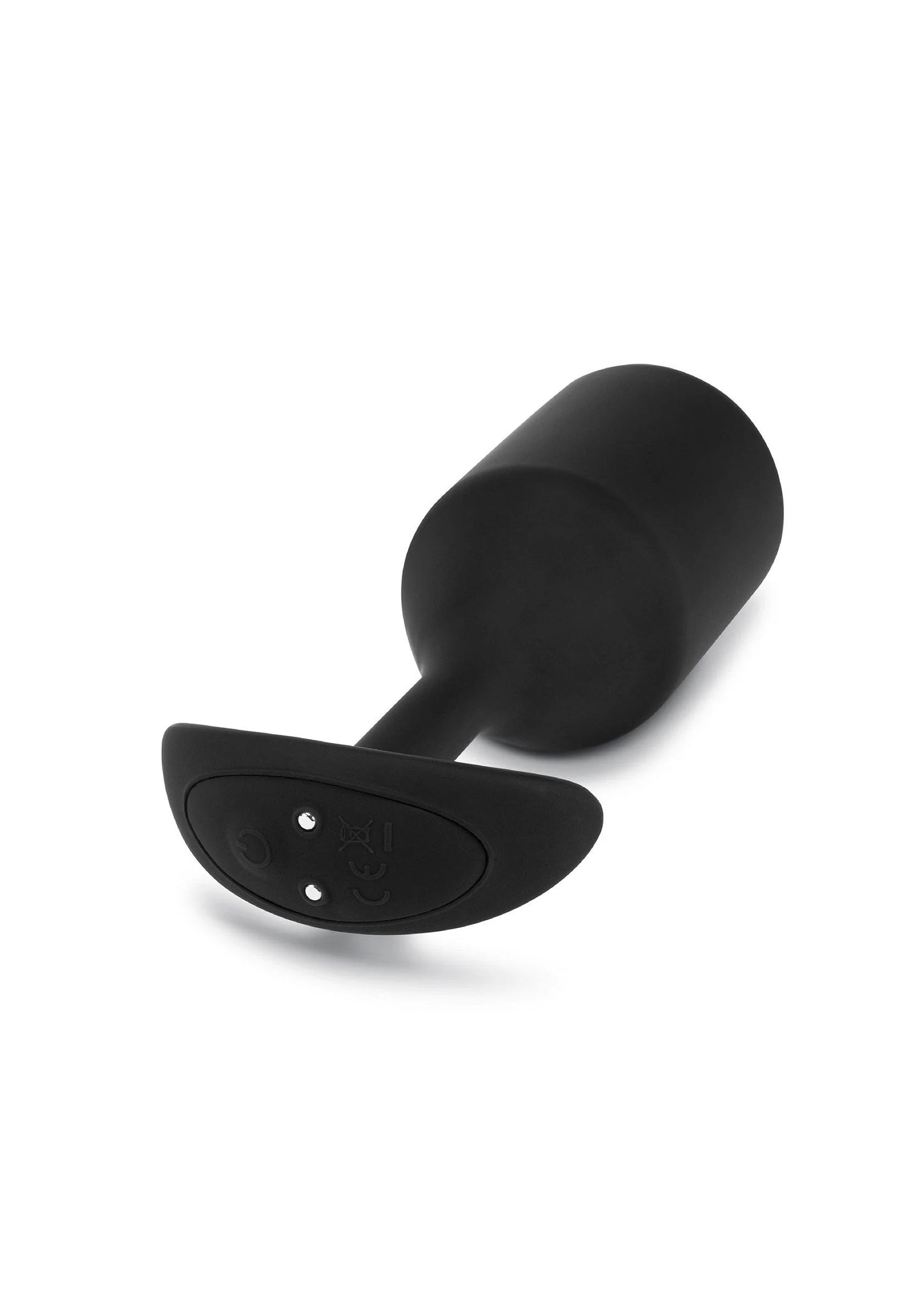 Zwarte vibrerende anale plug XXL close-up van brede flens en knopmarkering.