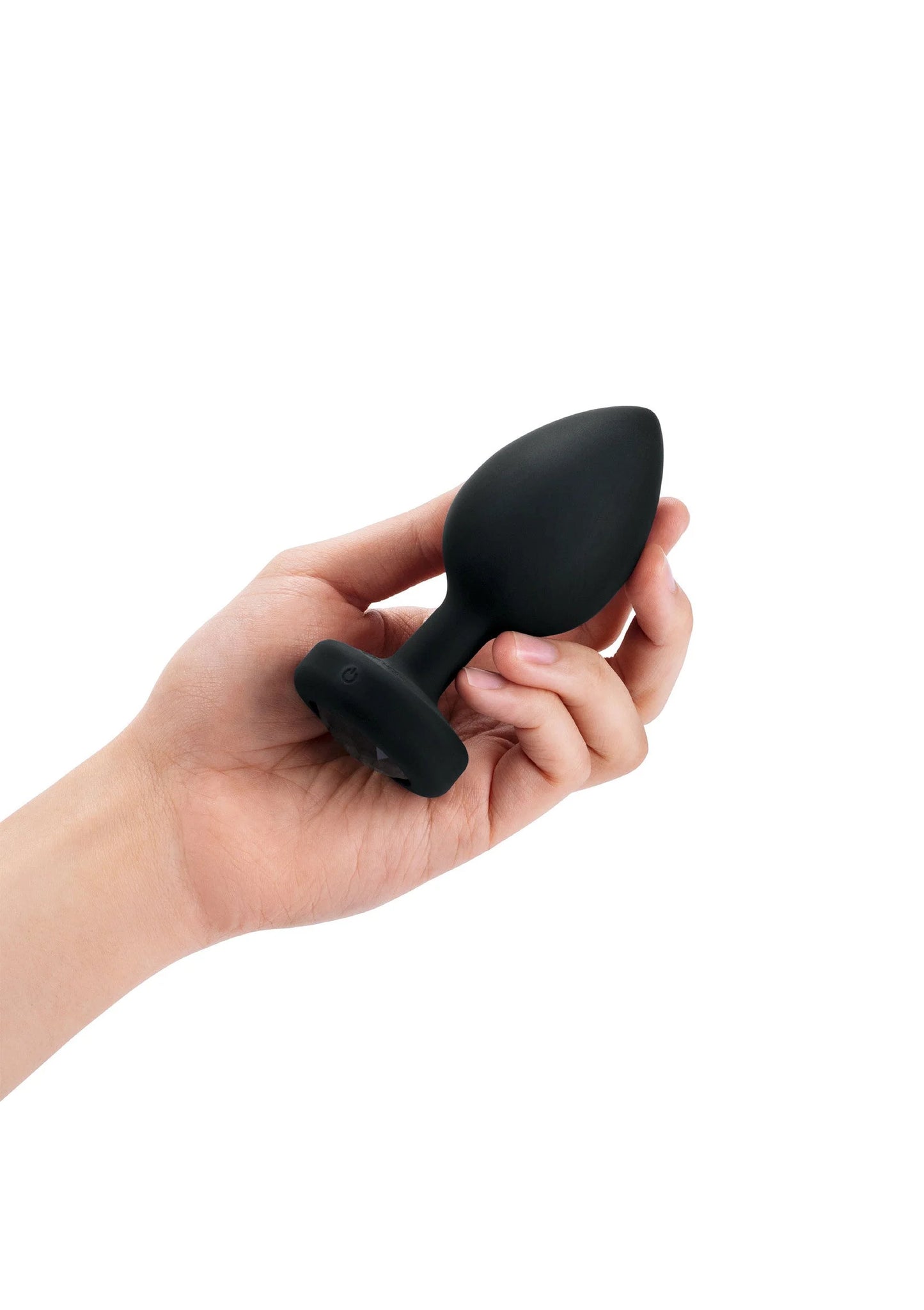 Zwarte anale plug in hand, met afgeronde dop en diamant-inzet