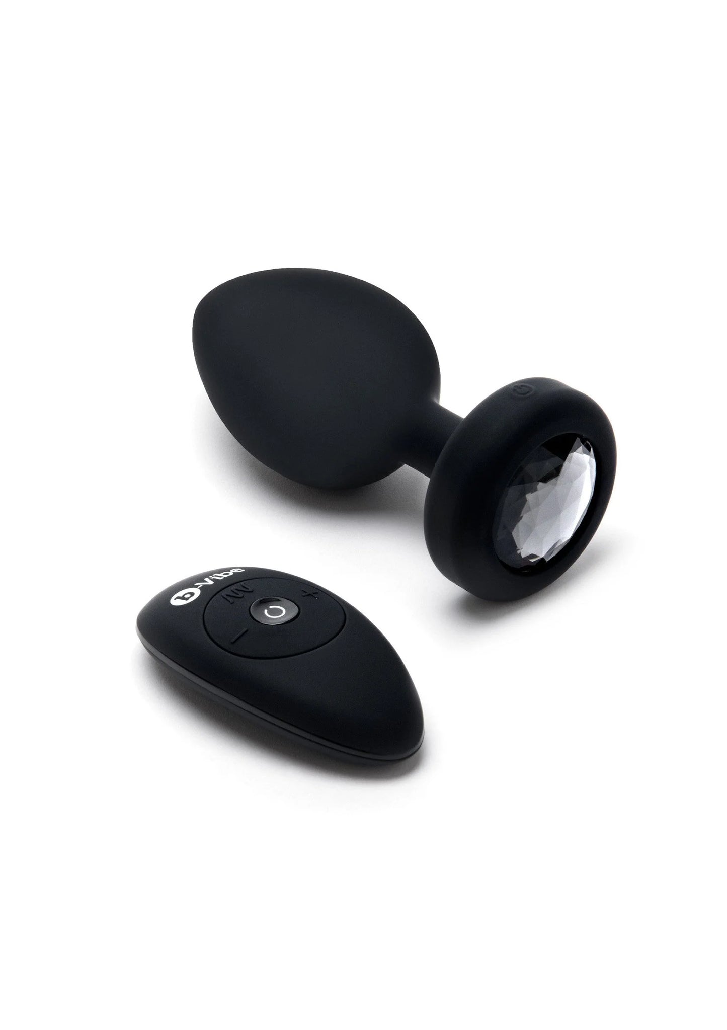 Zwarte anale plug met diamantvormige inzet en ronde trillingsbasis