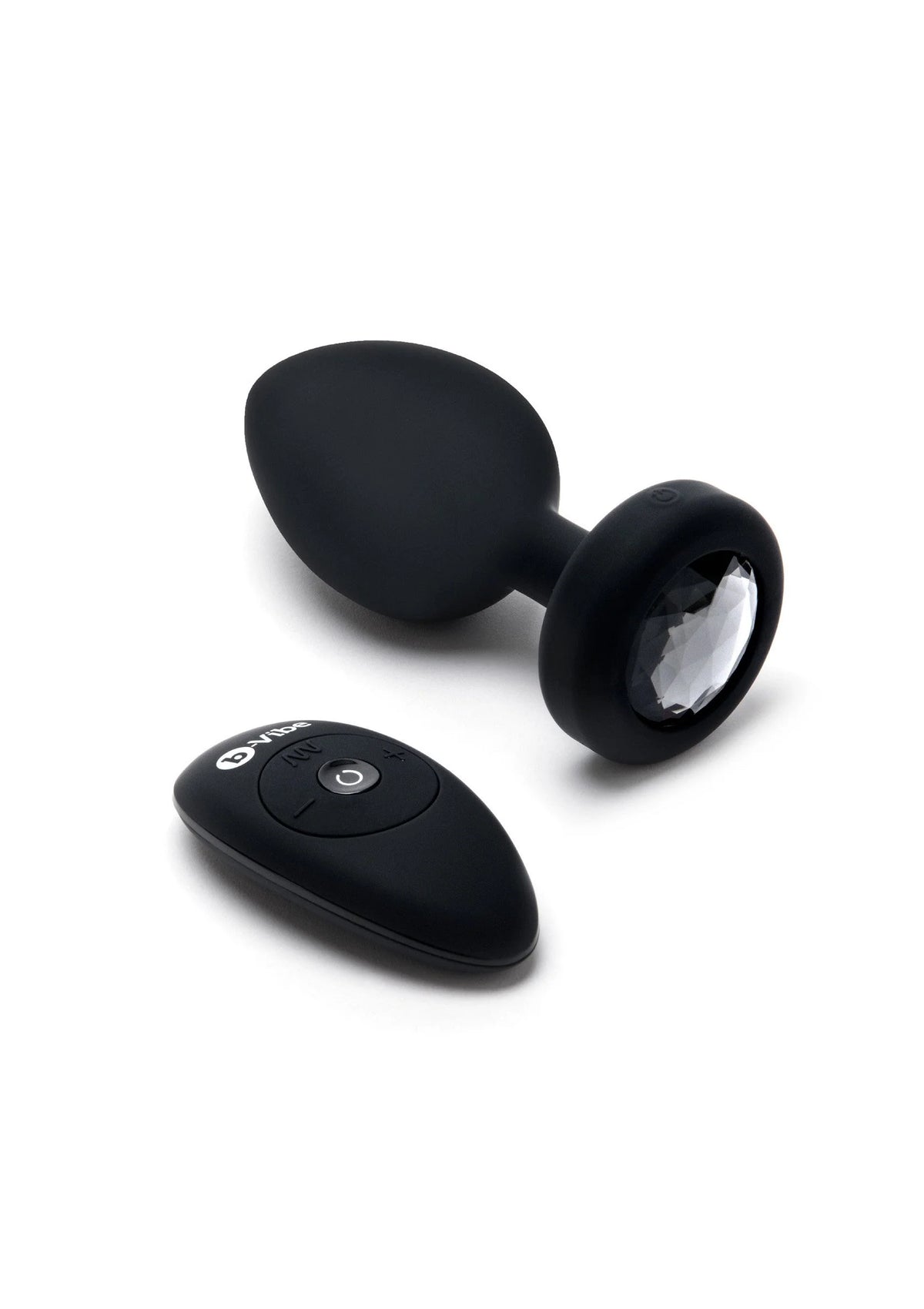 Zwarte anale plug met diamantvormige inzet en ronde trillingsbasis