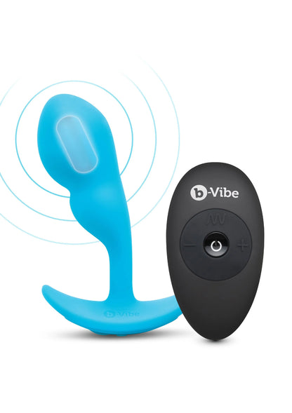 B-Vibe p-spot snug plug en zwarte afstandsbediening; blauwe plug met ronde voet