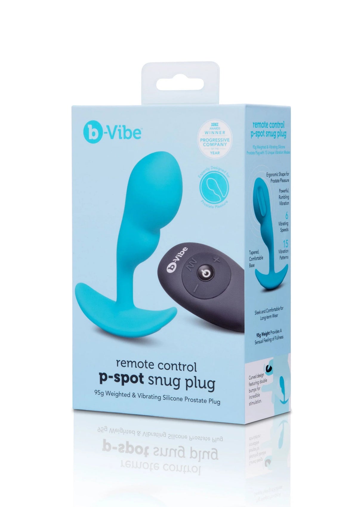 B-Vibe p-spot snug plug verpakking; afbeelding van blauwe plug met afstandsbediening
