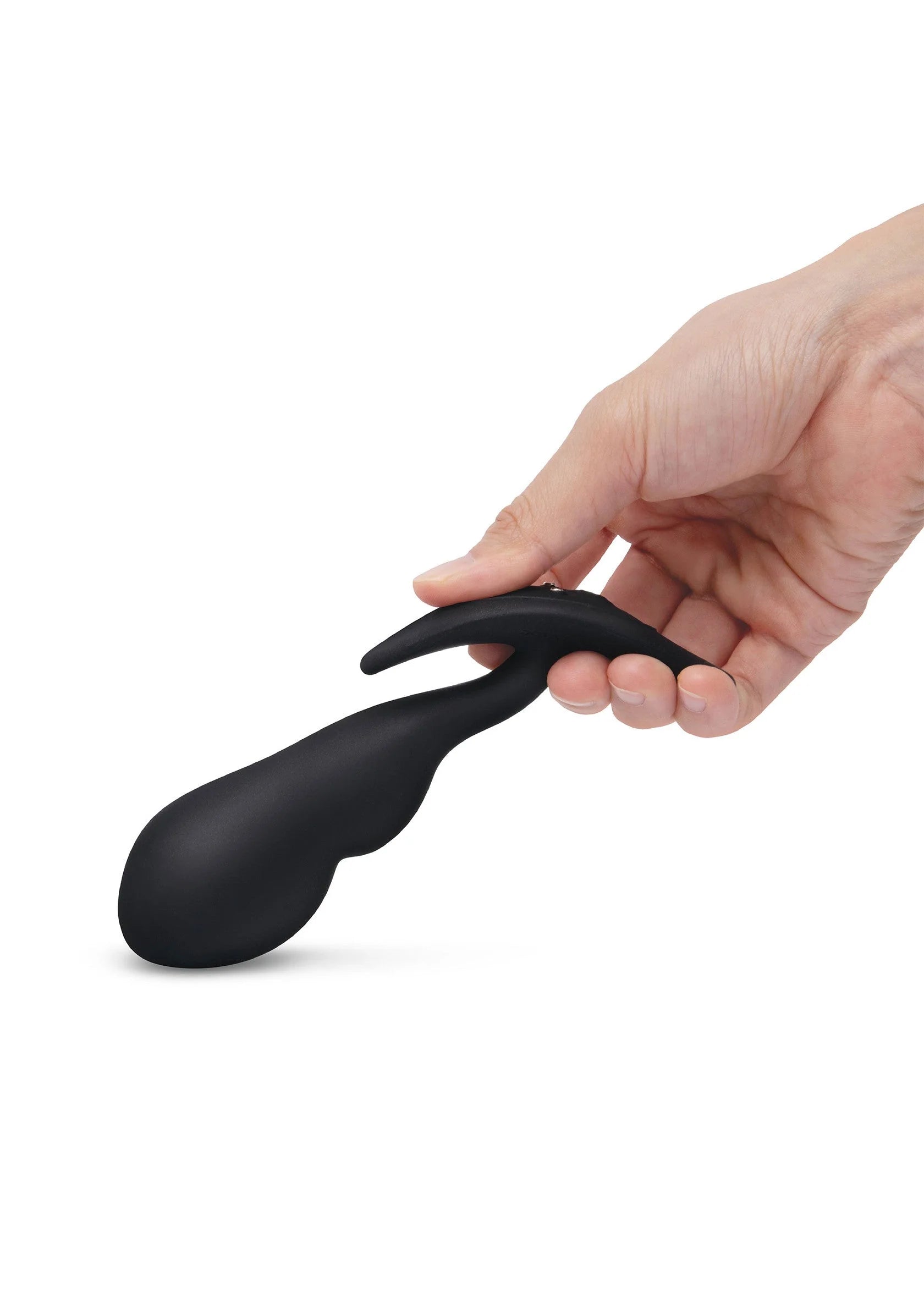 Zwarte anal plug met smalle steel en brede vingergreep, vastgehouden in hand